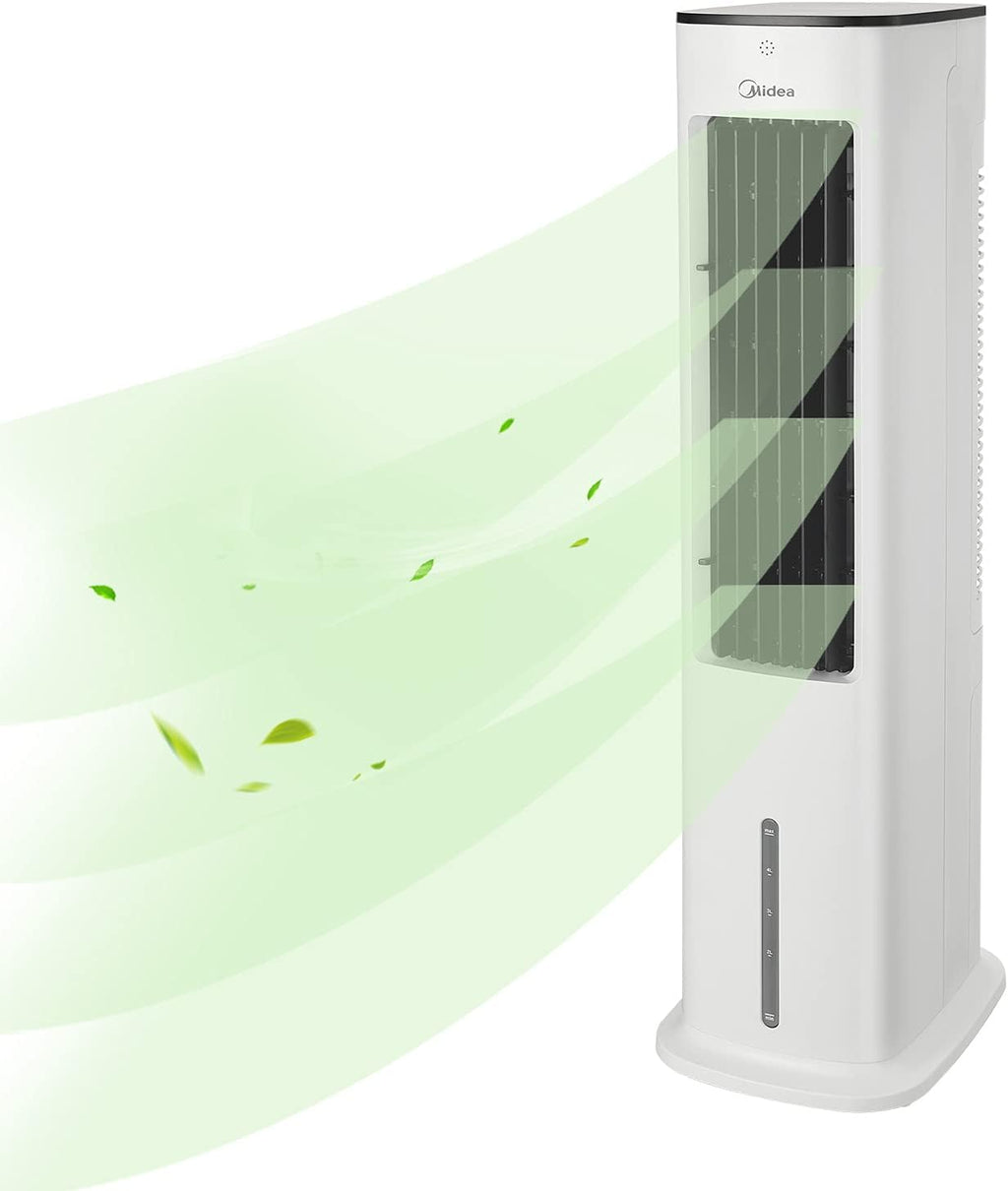  Midea Refroidisseur D'air 4 En 1, Ventilateur Avec Refroidissement à Eau 5L, Humidificateur Et Ionisation, Climatiseur Sans Tuyau D'évacuation, 355m³/h, Avec Télécommande, 55W, Blanc