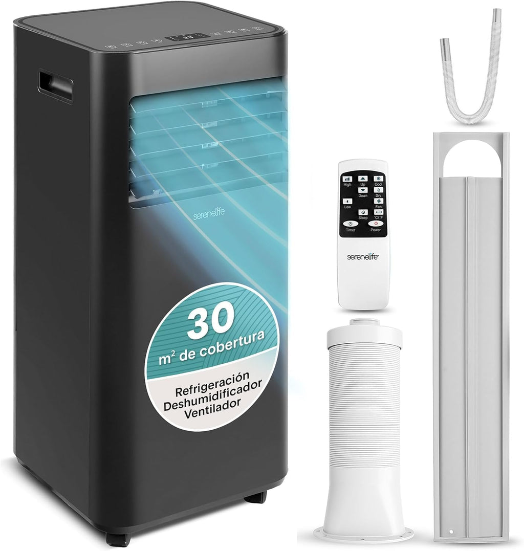  SereneLife Climatiseur Portable 9000 BTU (2,64 KW), Climatiseur 3 En 1 Avec Froid, Ventilateur Et Déshumidificateur, Compact Avec Télécommande Et Kit De Fenêtre