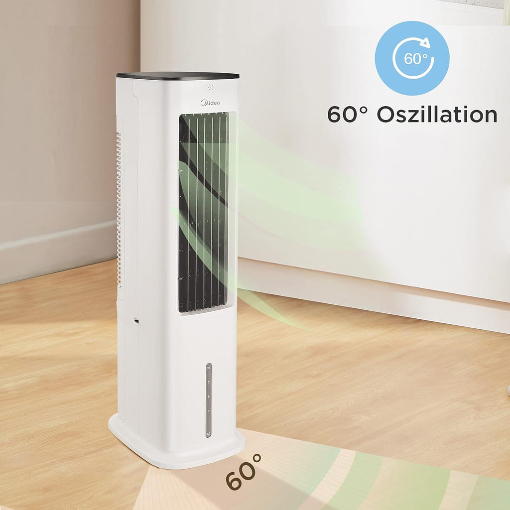  Midea Refroidisseur D'air 4 En 1, Ventilateur Avec Refroidissement à Eau 5L, Humidificateur Et Ionisation, Climatiseur Sans Tuyau D'évacuation, 355m³/h, Avec Télécommande, 55W, Blanc