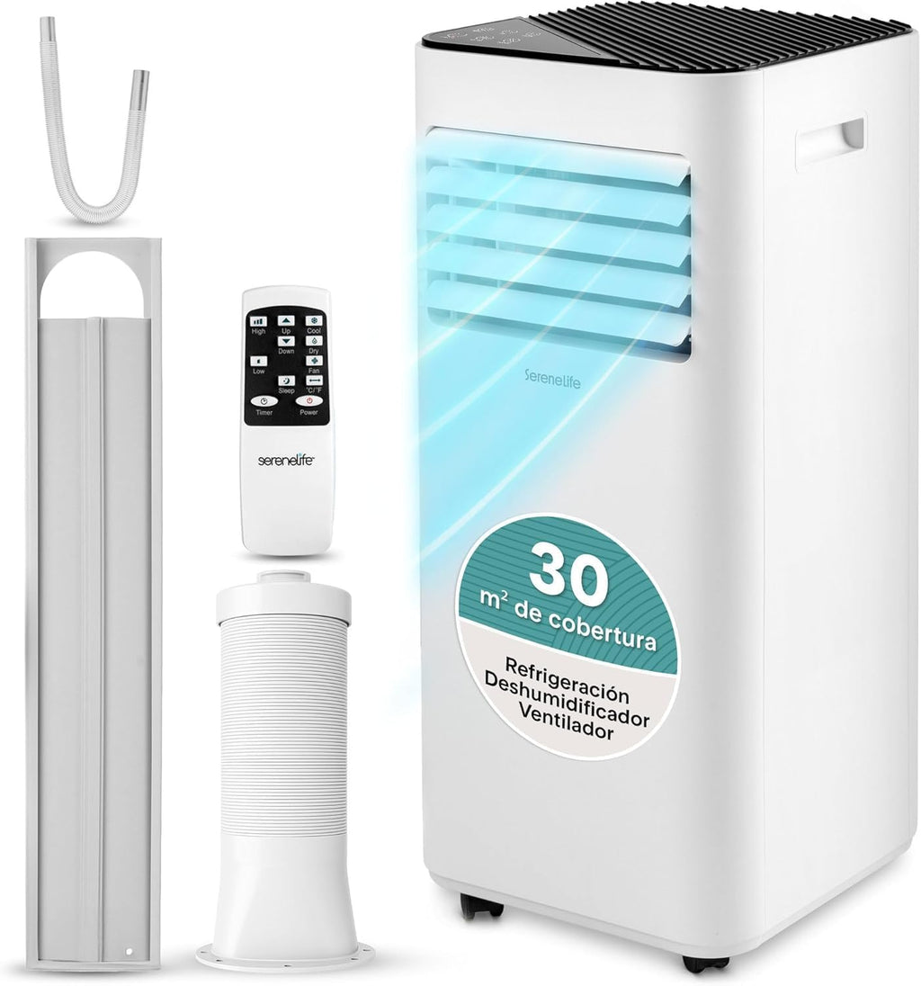  SereneLife Climatiseur Portable 9000 BTU (2,64 KW), Climatiseur 3 En 1 Avec Froid, Ventilateur Et Déshumidificateur, Compact Avec Télécommande Et Kit De Fenêtre