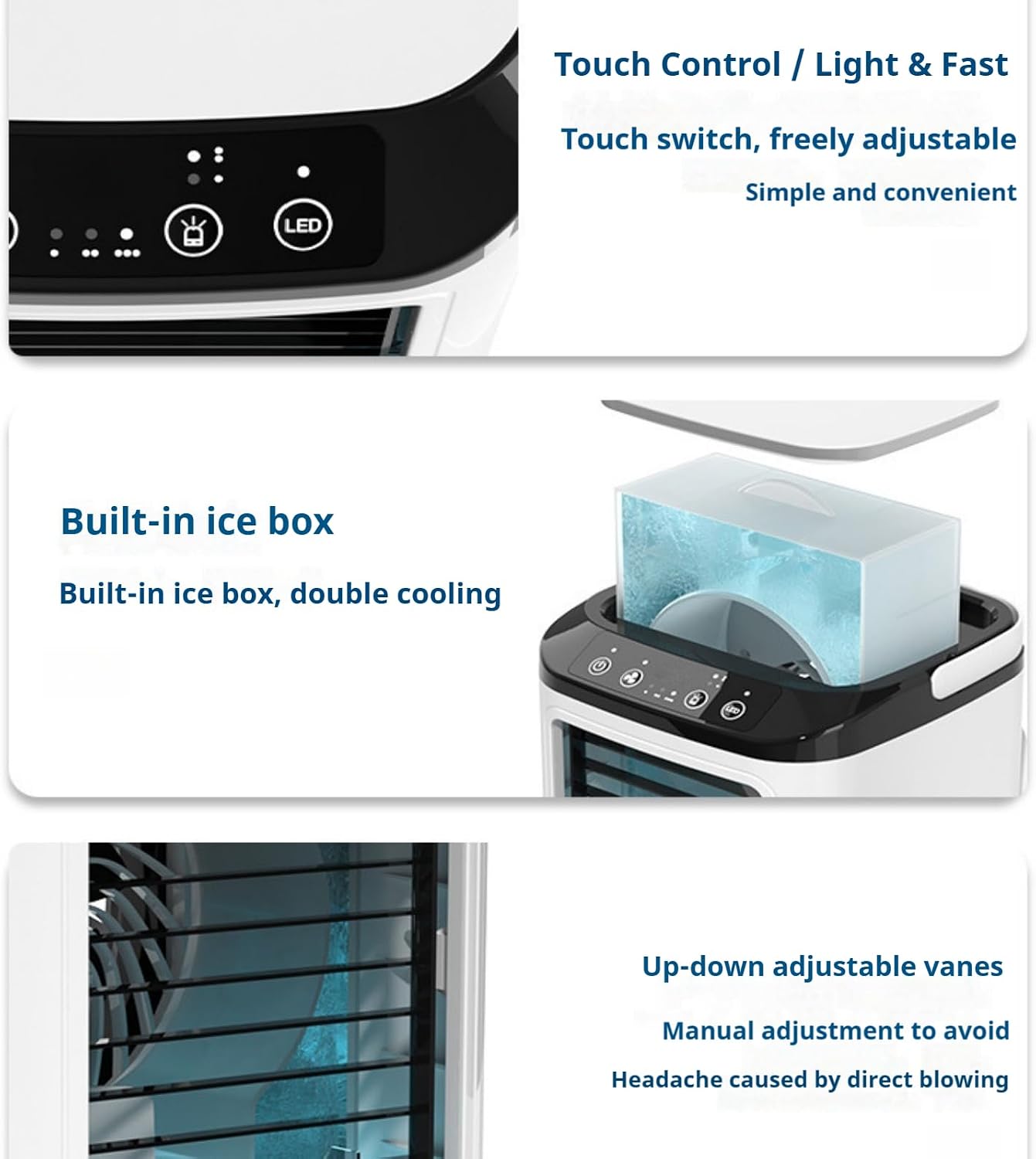 Climatiseur Portable Sans Évacuation 900 Ml, Mini Climatiseur Mobile Silencieux Avec 3 Vitesses, Bac à Glace, 7 LED, Refroidisseur D'Air Pour Maison, Bureau, Camping Et Voyage