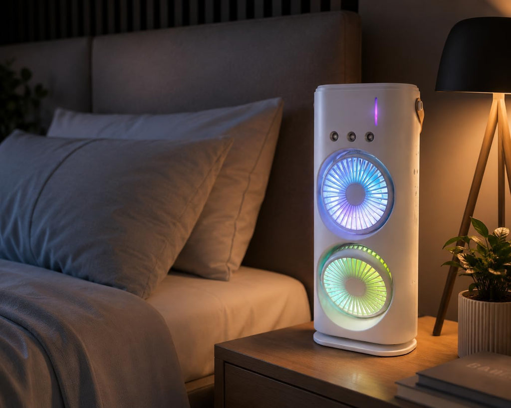 Genérico Refroidisseur Portable Avec Double Ventilateur, Brumisation à L'eau Et Lumières RVB, Mini Climatiseur USB De Table, Ventilateur Silencieux Avec Réservoir D'eau, Pour Bureau, Chambre Et Maison