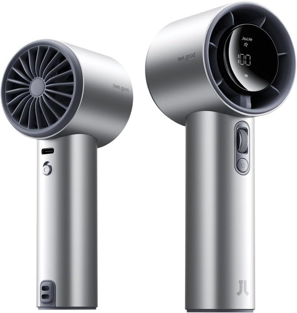  JISULIFE Ventilateur Portable à Main,Mini Ventilateur Turbo Réglable En Vitesse(de 1 à 100),Batterie De 5000mAh Avec Corps En Métal,Affichage Numérique,pour Femmes Hommes Voyage/Extérieur-Gris