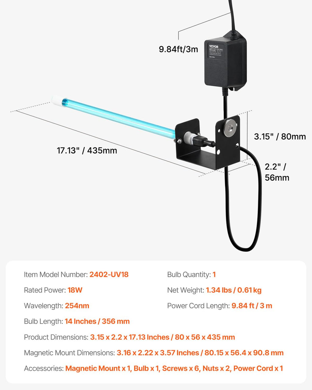  VEVOR Purificateur D'Air Conduit CVC 18 W Épurateur D'Air De Conduit De Climatisation Avec Aimant, Ampoule UV 356 Mm, Longueur D'Onde 254 Nm, Lumière UV UVC, Purification Puissante, Pour Climatiseur