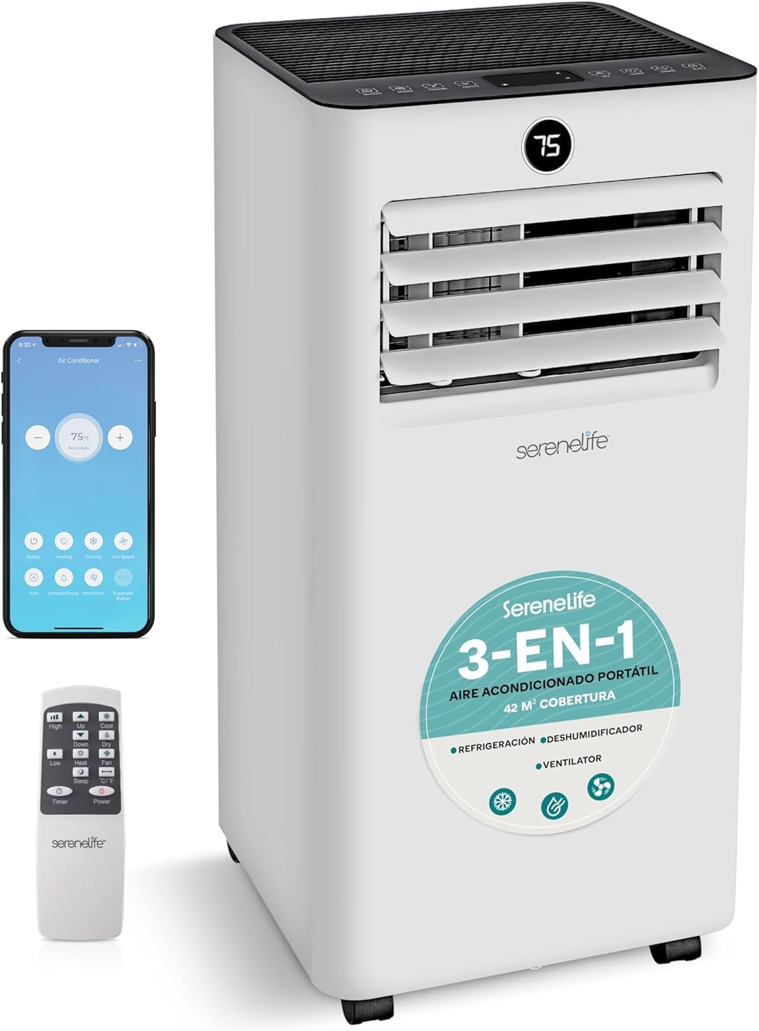  SereneLife Climatiseur Portable 9000 BTU 2,93 KW Avec Tuyau D'échappement, Unité 4 En 1 Avec WiFi, Refroidissement, Chauffage, Ventilateur Et Déshumidificateur, Pour Pièces Jusqu'à 31 M
