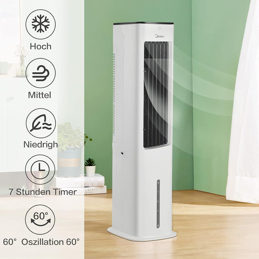  Midea Refroidisseur D'air 4 En 1, Ventilateur Avec Refroidissement à Eau 5L, Humidificateur Et Ionisation, Climatiseur Sans Tuyau D'évacuation, 355m³/h, Avec Télécommande, 55W, Blanc