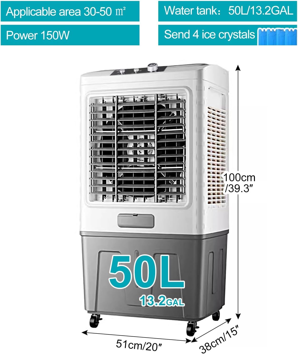 GENERIC Glacière Portable Pour Climatiseur Avec Réservoir D'eau De 50 L, Ventilateur à 3 Vitesses, Oscillation à 120°, 4 Blocs De Glace Inclus