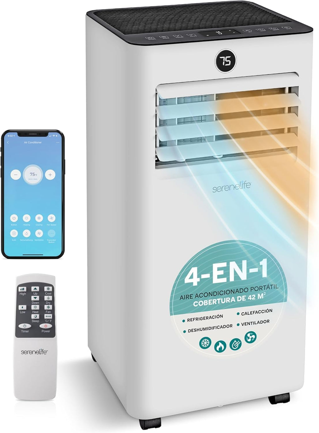  SereneLife Climatiseur Portable 9000 BTU 2,93 KW Avec Tuyau D'échappement, Unité 4 En 1 Avec WiFi, Refroidissement, Chauffage, Ventilateur Et Déshumidificateur, Pour Pièces Jusqu'à 31 M