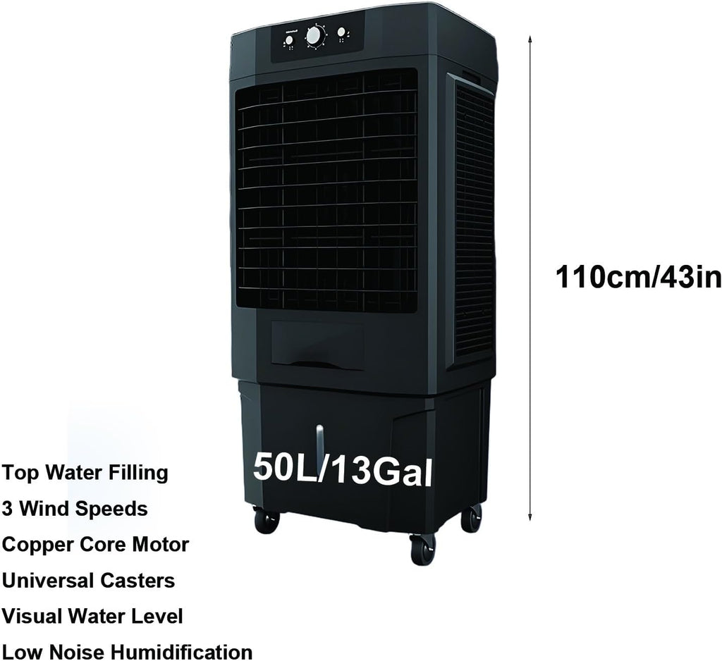  Clim Portative De 110 Cm, Climatiseur Mobile Sans Évacuation Avec Réservoir D'eau De 50 L, Climatiseur Extérieur Avec 4 Packs De Glace, RafraîChisseur D'air Avec Oscillation à 120° Et 3 Vitesses