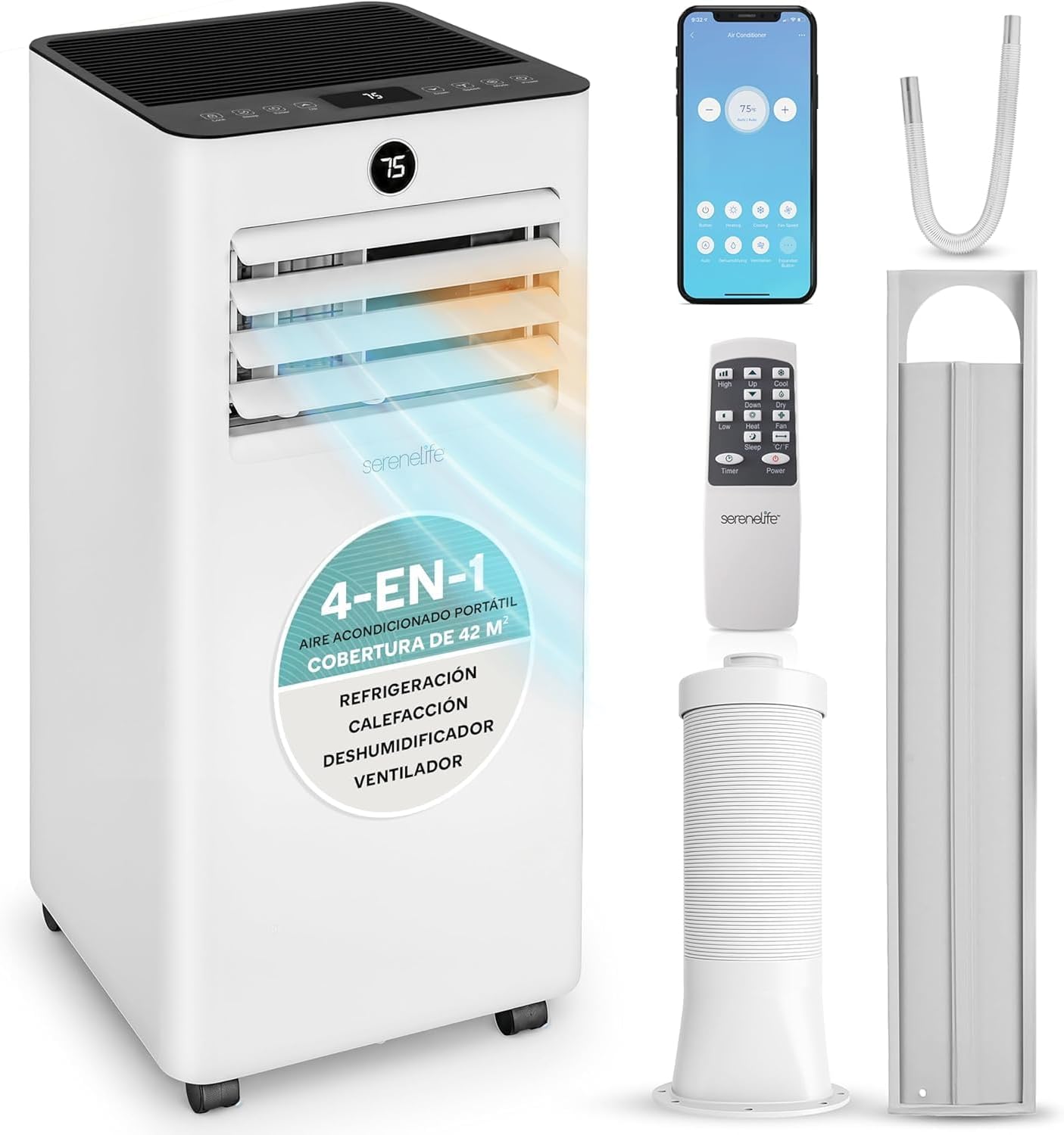  SereneLife Climatiseur Portable 9000 BTU 2,93 KW Avec Tuyau D'échappement, Unité 4 En 1 Avec WiFi, Refroidissement, Chauffage, Ventilateur Et Déshumidificateur, Pour Pièces Jusqu'à 31 M