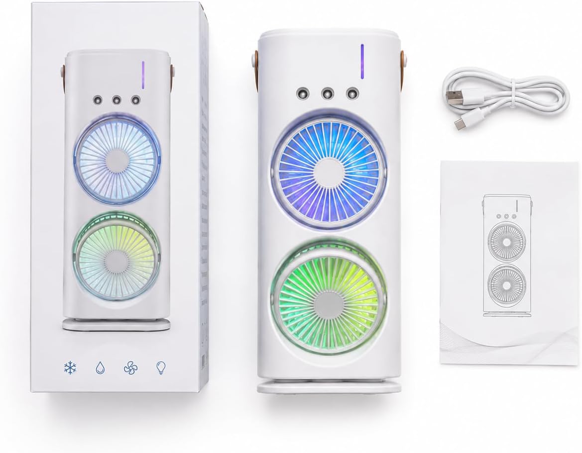 Genérico Refroidisseur Portable Avec Double Ventilateur, Brumisation à L'eau Et Lumières RVB, Mini Climatiseur USB De Table, Ventilateur Silencieux Avec Réservoir D'eau, Pour Bureau, Chambre Et Maison