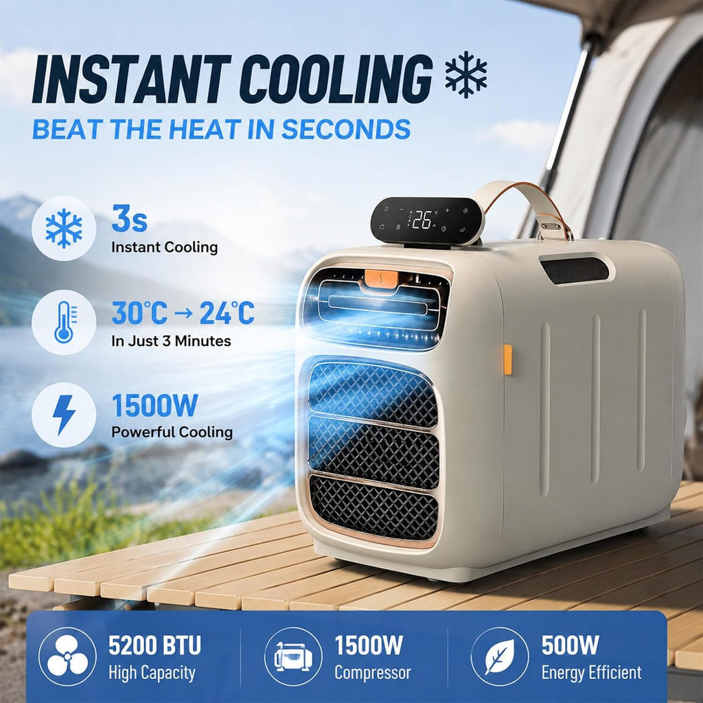  5200 BTU Mini Climatiseur Portable Pour Camping-Car, Clim Tente 1500W 3 Modes Avec Déshumidificateur, Climatisation Mobile Pour Van, Fourgon, Chambre, Logement Étudiant, Camion