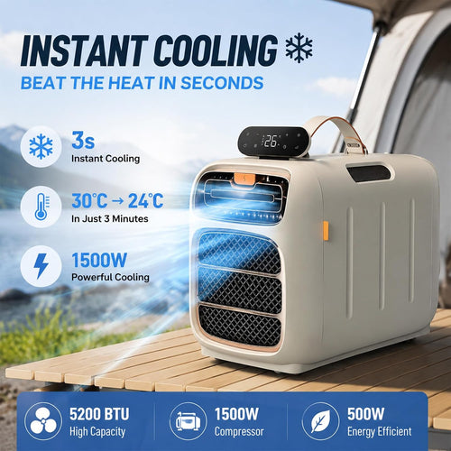  5200 BTU Mini Climatiseur Portable Pour Camping-Car, Clim Tente 1500W 3 Modes Avec Déshumidificateur, Climatisation Mobile Pour Van, Fourgon, Chambre, Logement Étudiant, Camion