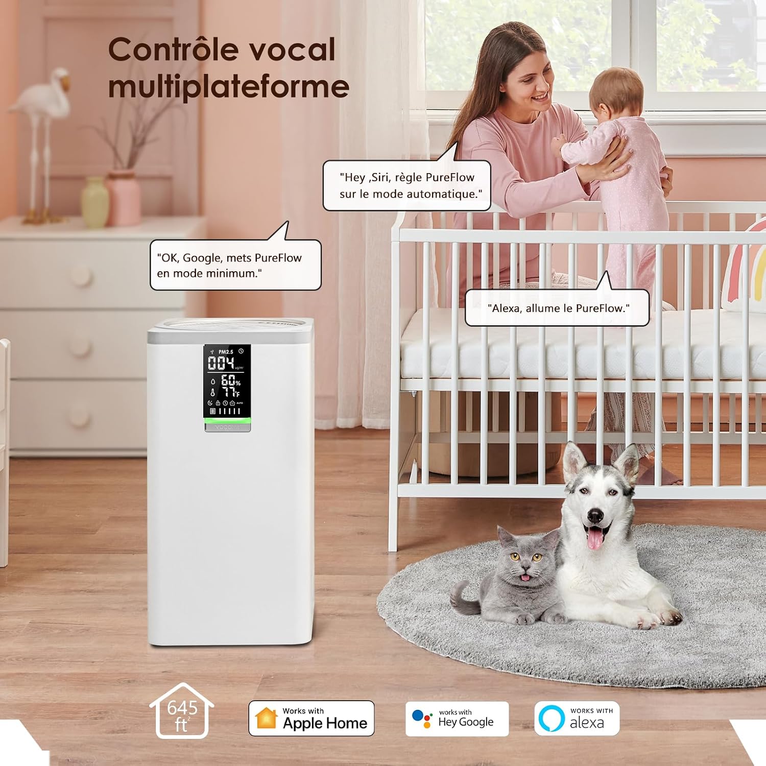  VOCOlinc Purificateur D'air HEPA 645 Pieds Carrés, Nettoyeur WiFi Intelligent, Filtration En 3 étapes, Fonctionne Avec Apple HomeKit Alexa Google Pour Le Bureau à Domicile 295 CFM