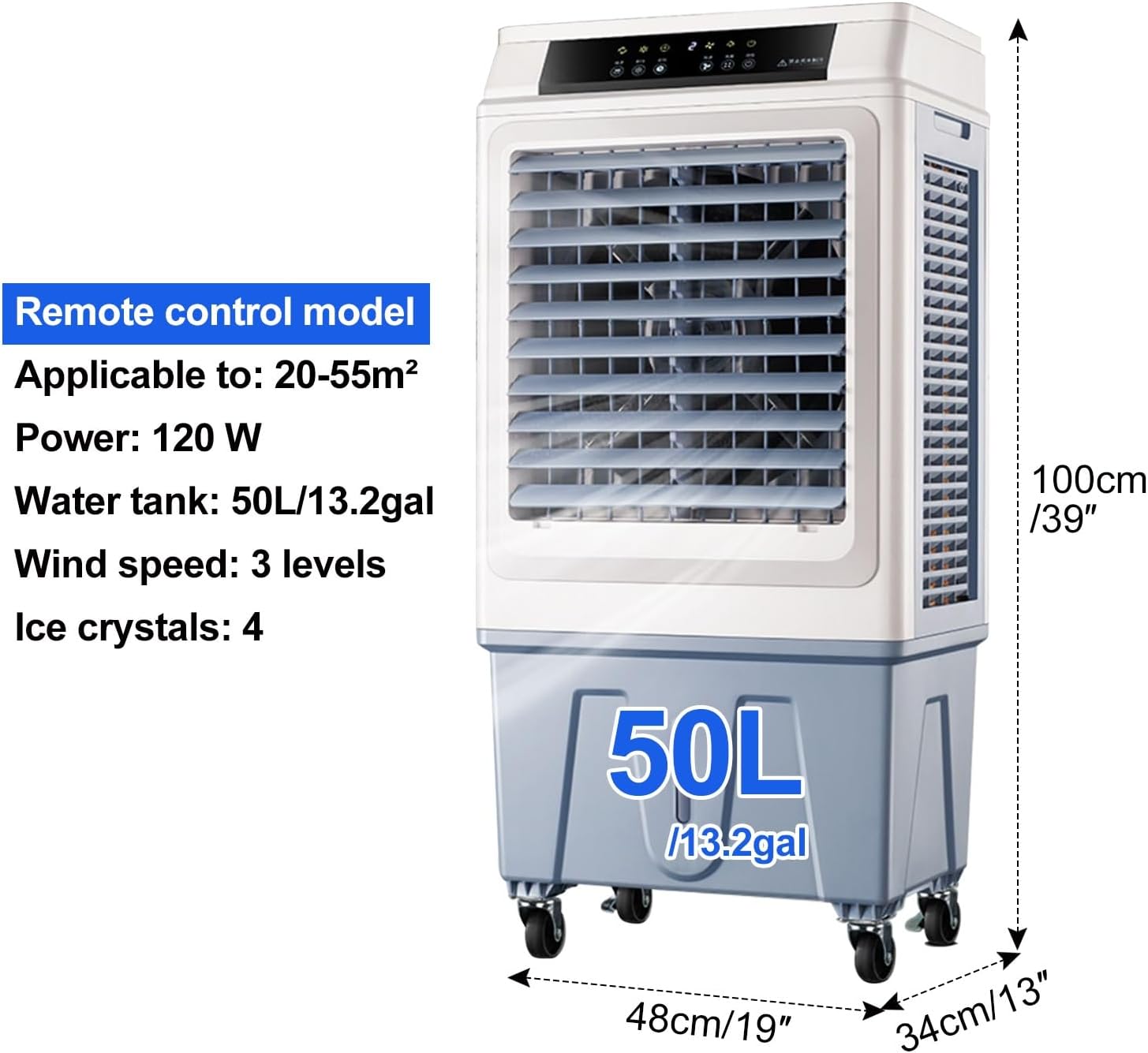 GENERIC Refroidisseur évaporatif Avec Réservoir 50L Et Télécommande, Climatisation Portable Pour Les Grandes Pièces, 3 Vitesses, Fonctionnement Silencieux Et Minuterie 12h, Idéal Pour L'atelier Et La Maison