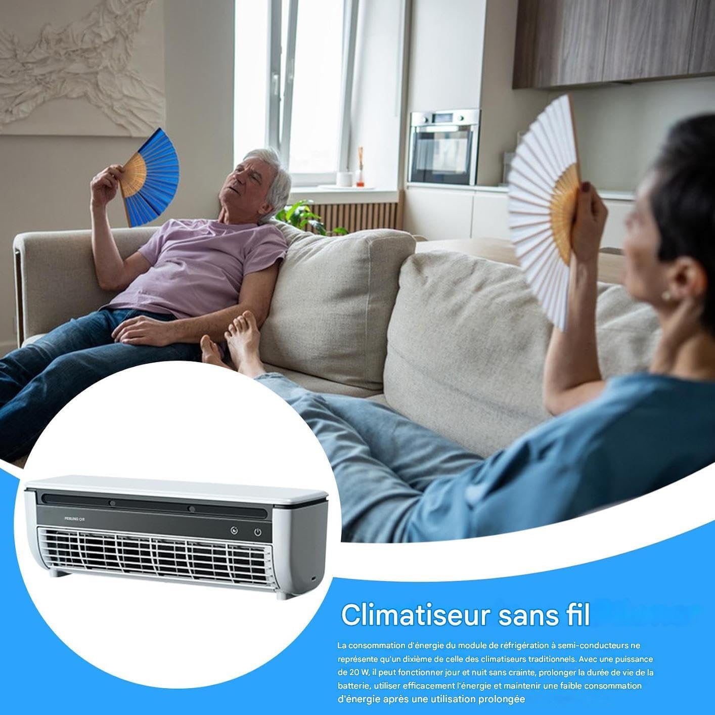  Ventilateur Climatiseur,Ventilateur D'Air Frais Pour Chambre | Rafraîchisseur D'Espace à Trois Vitesses Avec Recharge Sans Fil Pour Intérieur Extérieur Salle De Bains
