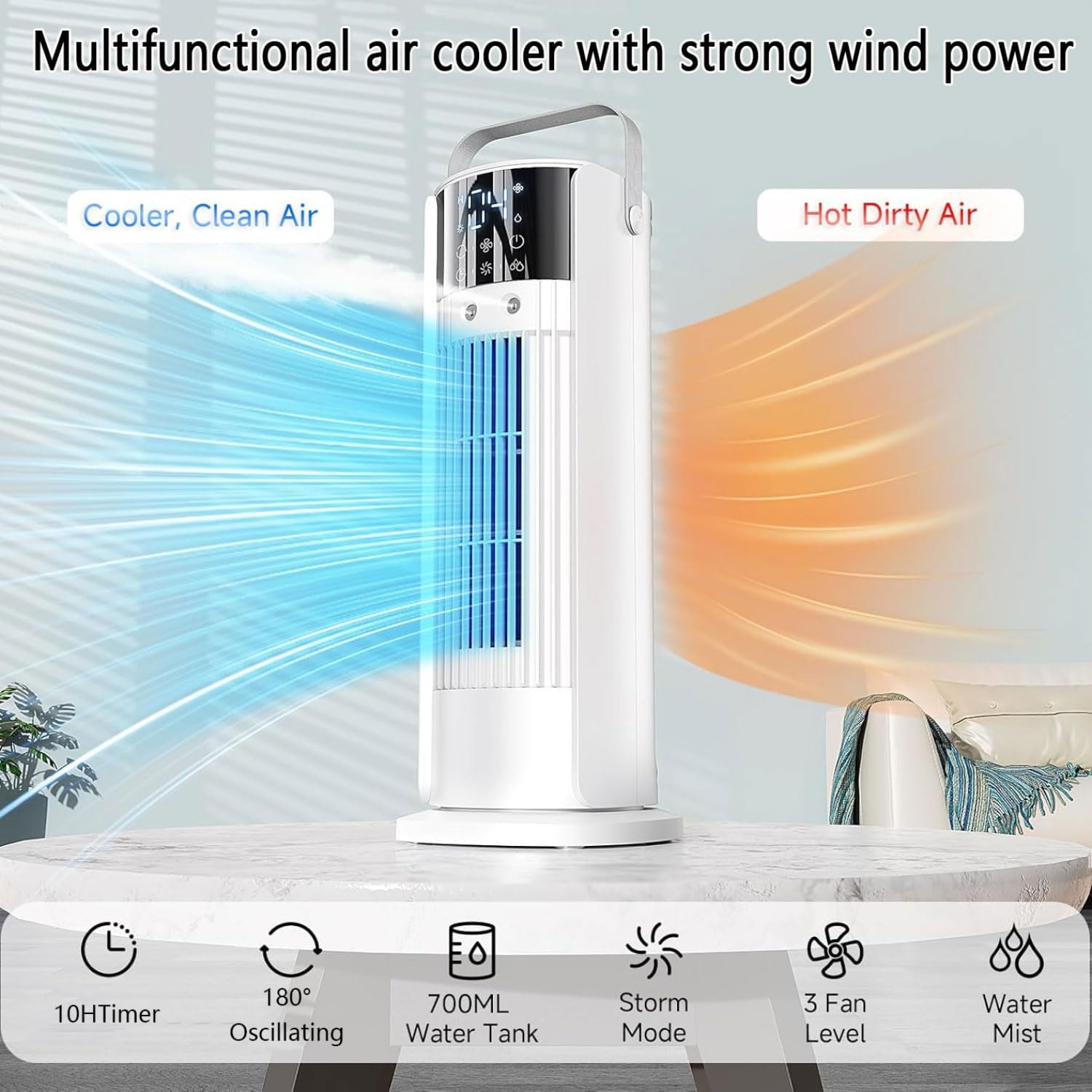GENERIC Refroidisseur D'air Portable De Climatisation De Refroidisseur D'air évaporatif Avec 180°Auto Oscillation 3 Vitesses à Distance 10H Minuteur 3-en-1 Ventilateur De Refroidissement D'air Avec Télécomman