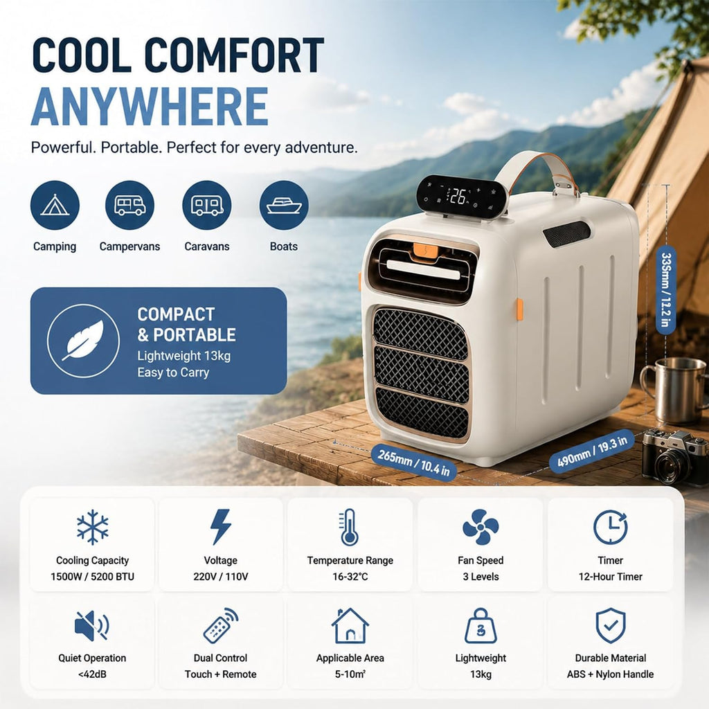  5200 BTU Mini Climatiseur Portable Pour Camping-Car, Clim Tente 1500W 3 Modes Avec Déshumidificateur, Climatisation Mobile Pour Van, Fourgon, Chambre, Logement Étudiant, Camion