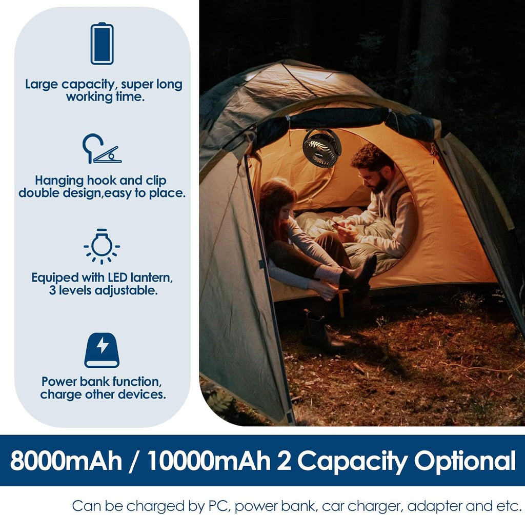  Simpeak 10000mAh Ventilateur USB Avec Télécommande Mini Ventilateur Portable De Camping Ventilateur De Table Pince Avec 3 Vitesses| 3 Modes De Lumière LED| Rotation à 720°