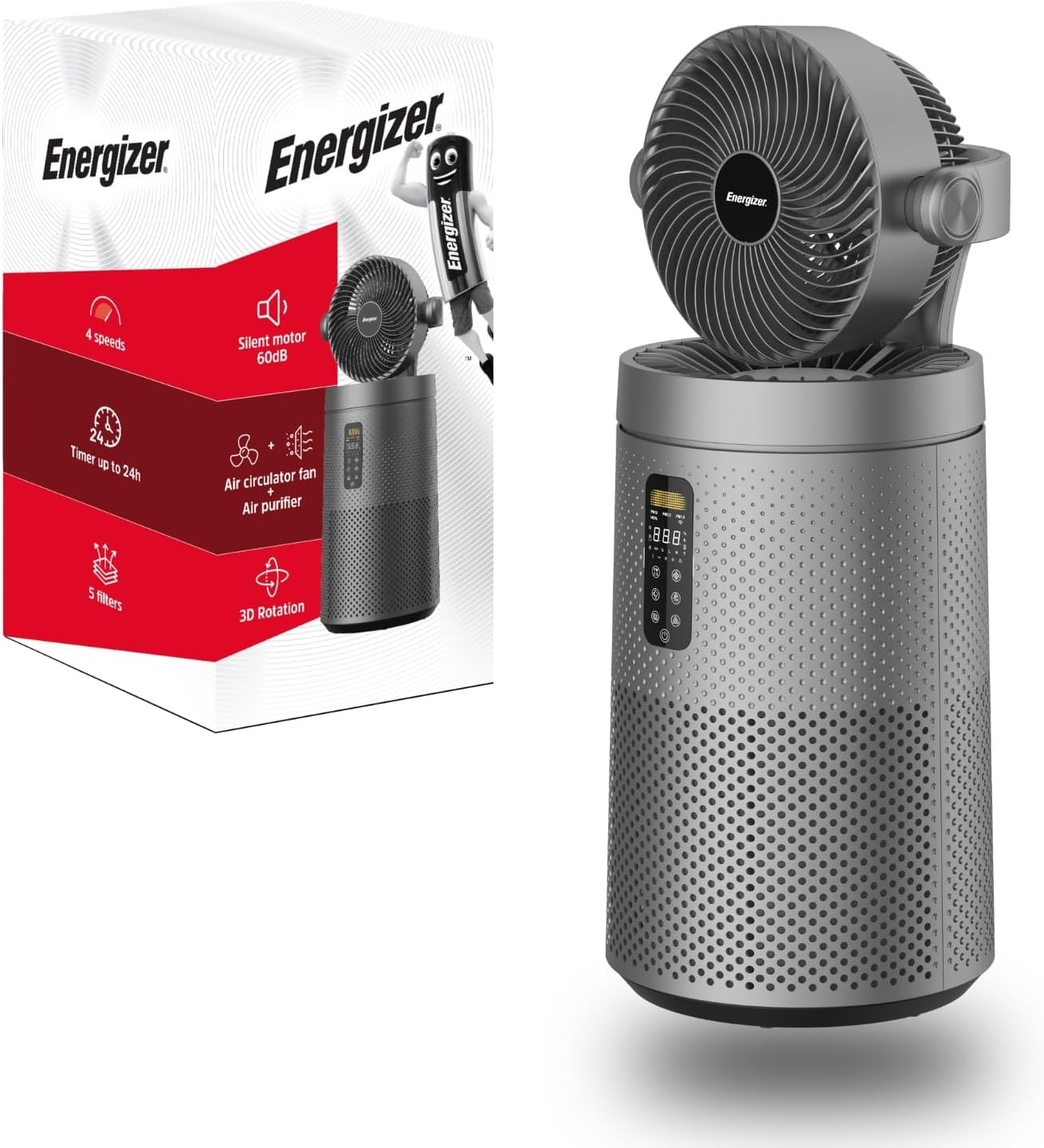  Energizer Ventilateur Colonne Purificateur D'Air Silencieux 35 DB, 368 M³/h, Oscillation 90°, 72 Cm, 4 Vitesses, Filtre HEPA Nettoyable, Pour Chambre Et Salon, Gris