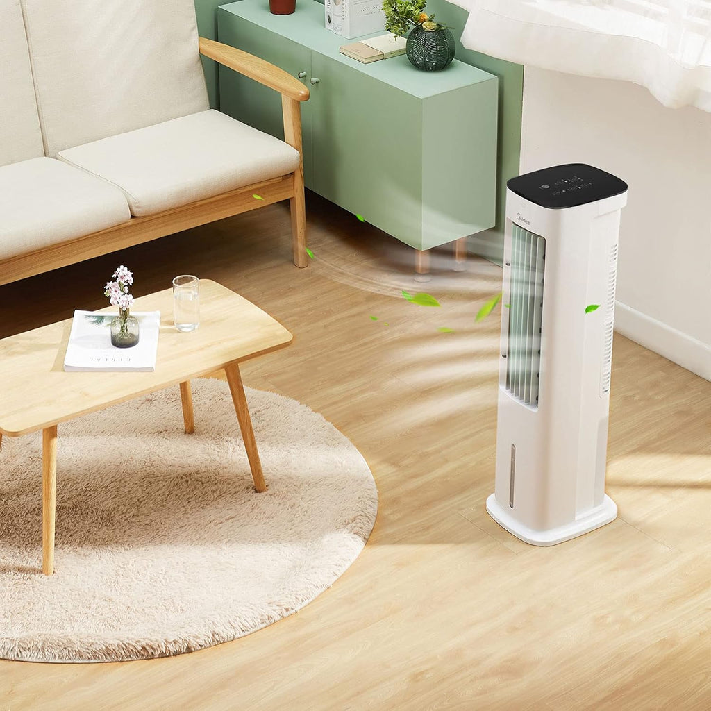  Midea Refroidisseur D'air 4 En 1, Ventilateur Avec Refroidissement à Eau 5L, Humidificateur Et Ionisation, Climatiseur Sans Tuyau D'évacuation, 355m³/h, Avec Télécommande, 55W, Blanc