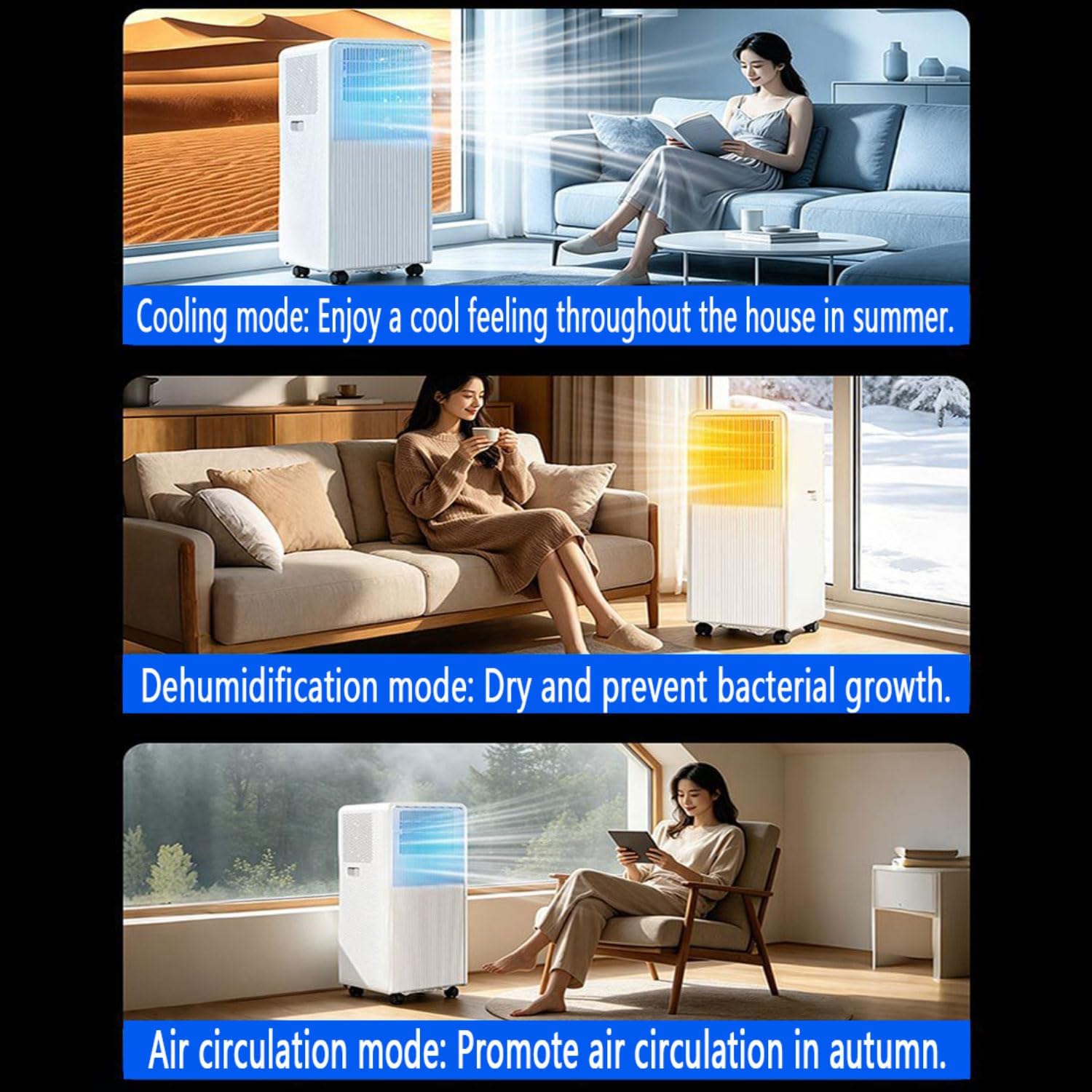  Climatiseur Portable Pour 300 Sq.Ft, Unité Intelligente AC Silencieuse Avec Déshumidificateur, Mode Veille, Télécommande, Minuterie 24H, Idéal Pour Chambre à Coucher, Bureau, Appartement