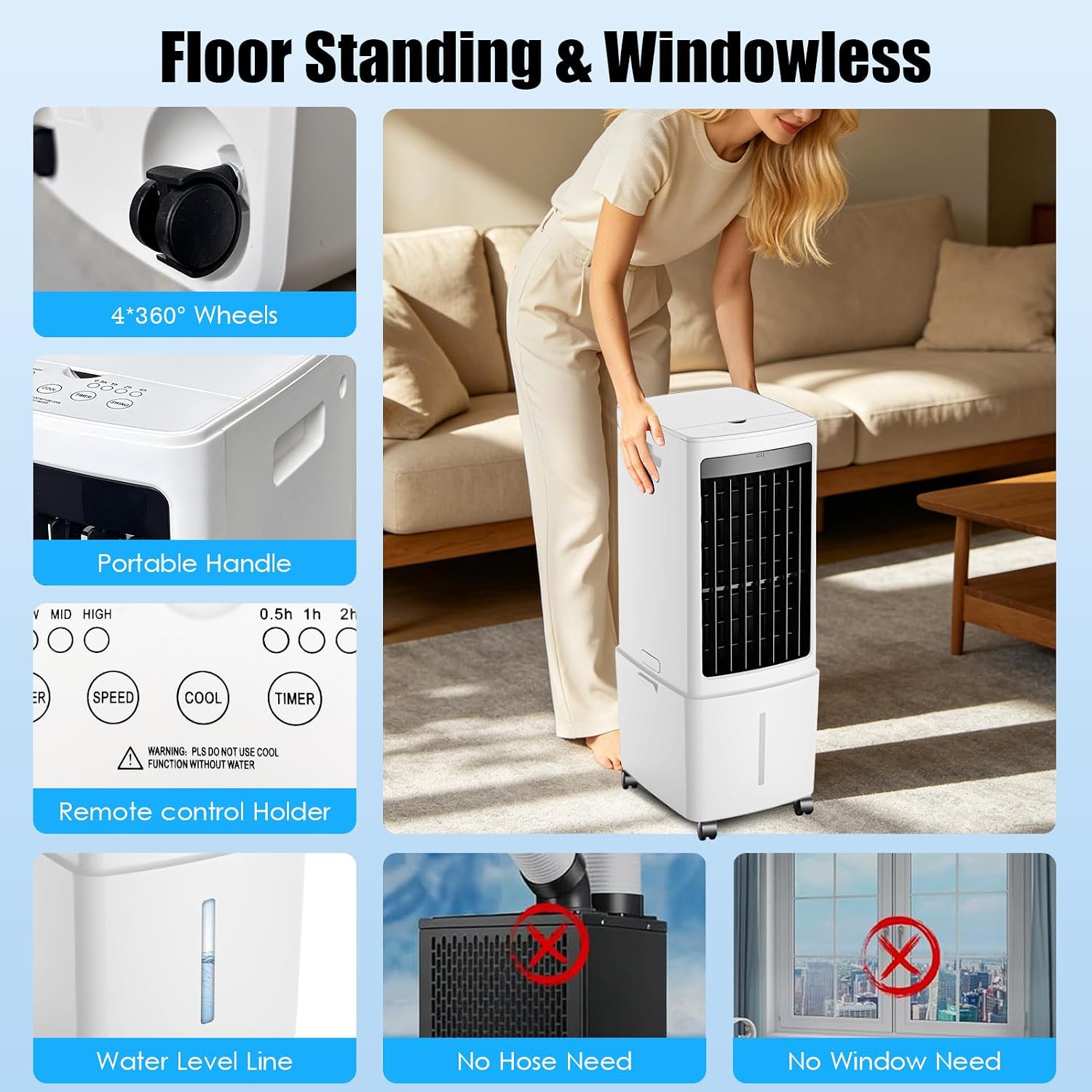  12L Rafraîchisseur D'Air, 3 Vitesses, Climatiseur Mobile Avec Télécommande, Minuterie 1-12h, Oscillation 60°, Avec Réservoir Amovible, Silencieux Climatiseur Portable Pour Camping Chambre Cuisine