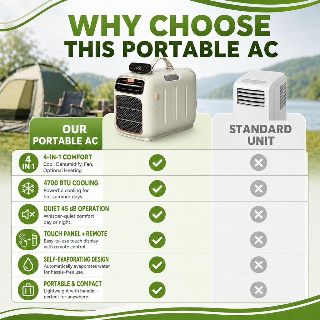  450W Portable AC 4700 BTU Refroidisseur De Tente Silencieux 108 Sq Ft Compact Auto-évaporation RV Camping Climatiseur Unité 45dB Ventilateur De Chauffage Déshumidificateur Pour Remorque Camper Dorm Va