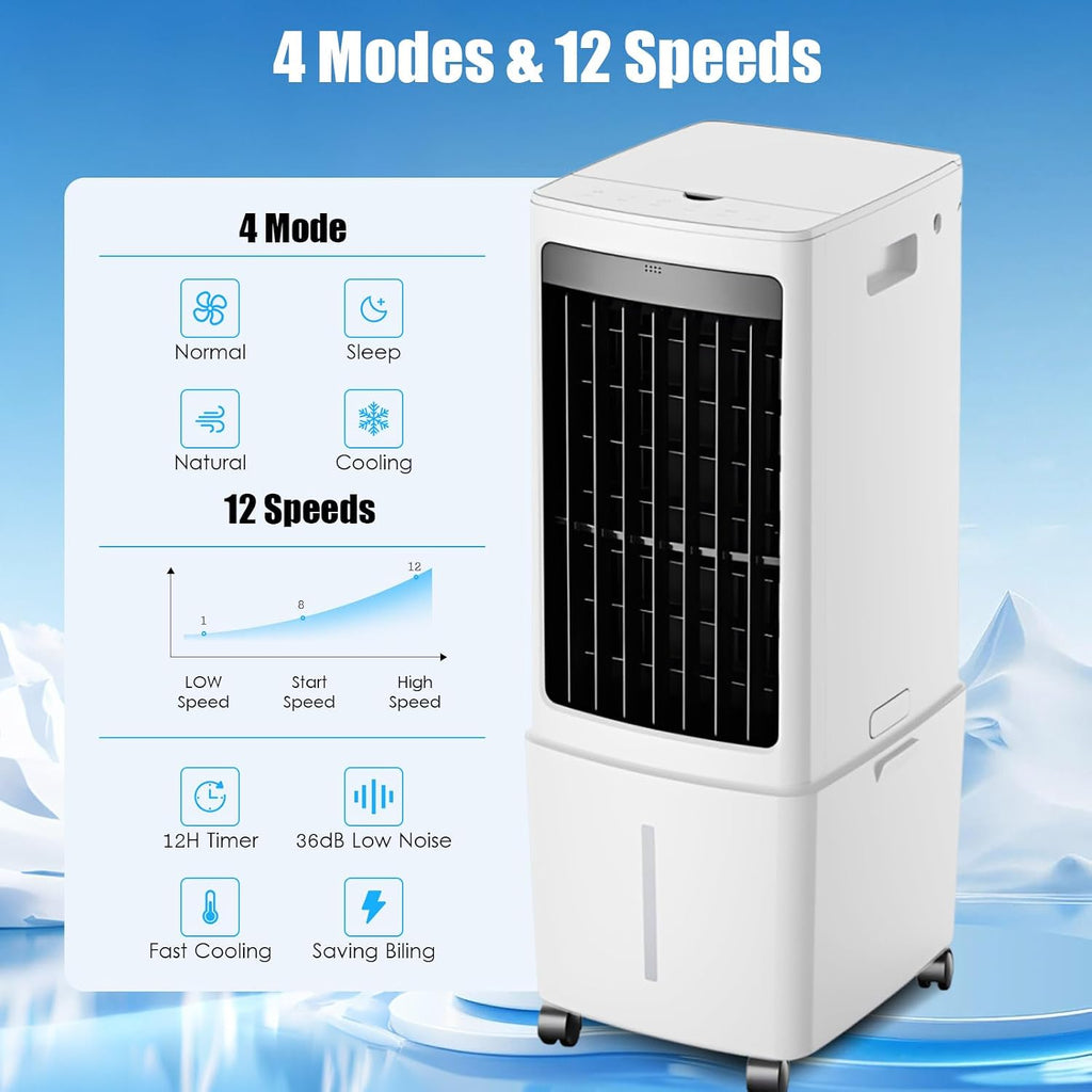  12L Rafraîchisseur D'Air, 3 Vitesses, Climatiseur Mobile Avec Télécommande, Minuterie 1-12h, Oscillation 60°, Avec Réservoir Amovible, Silencieux Climatiseur Portable Pour Camping Chambre Cuisine