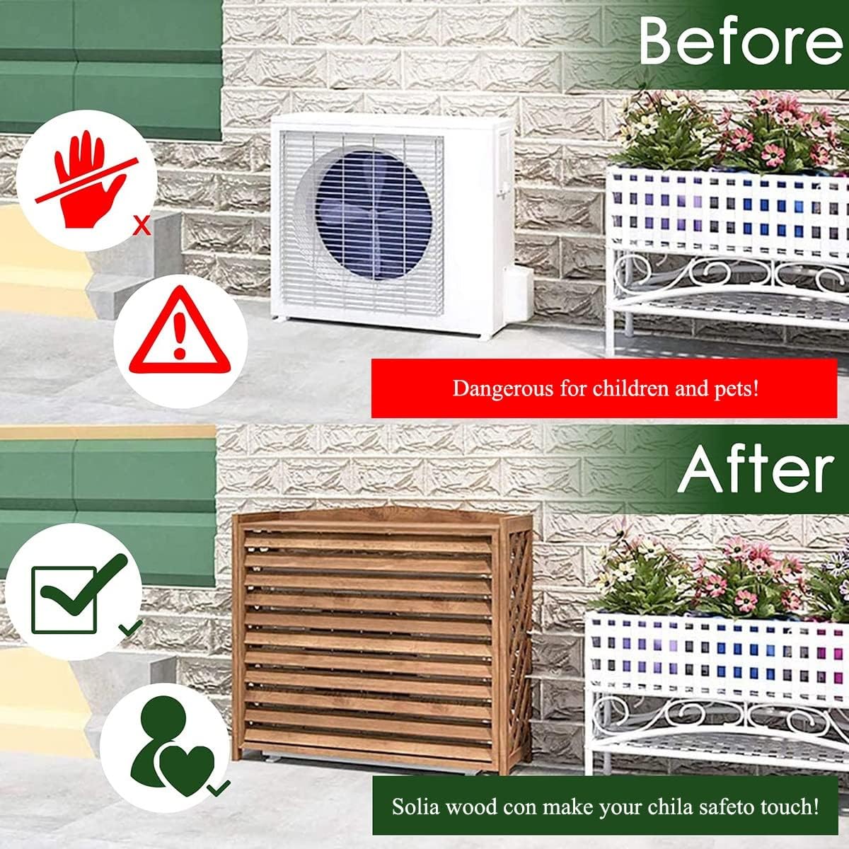 GENERIC Housse En Bois Pour Climatiseur - Écran Décoratif Pour Pompe à Chaleur - En Bois Massif - Avec Pot De Fleurs Cachées Pour Un Attrait Amélioré