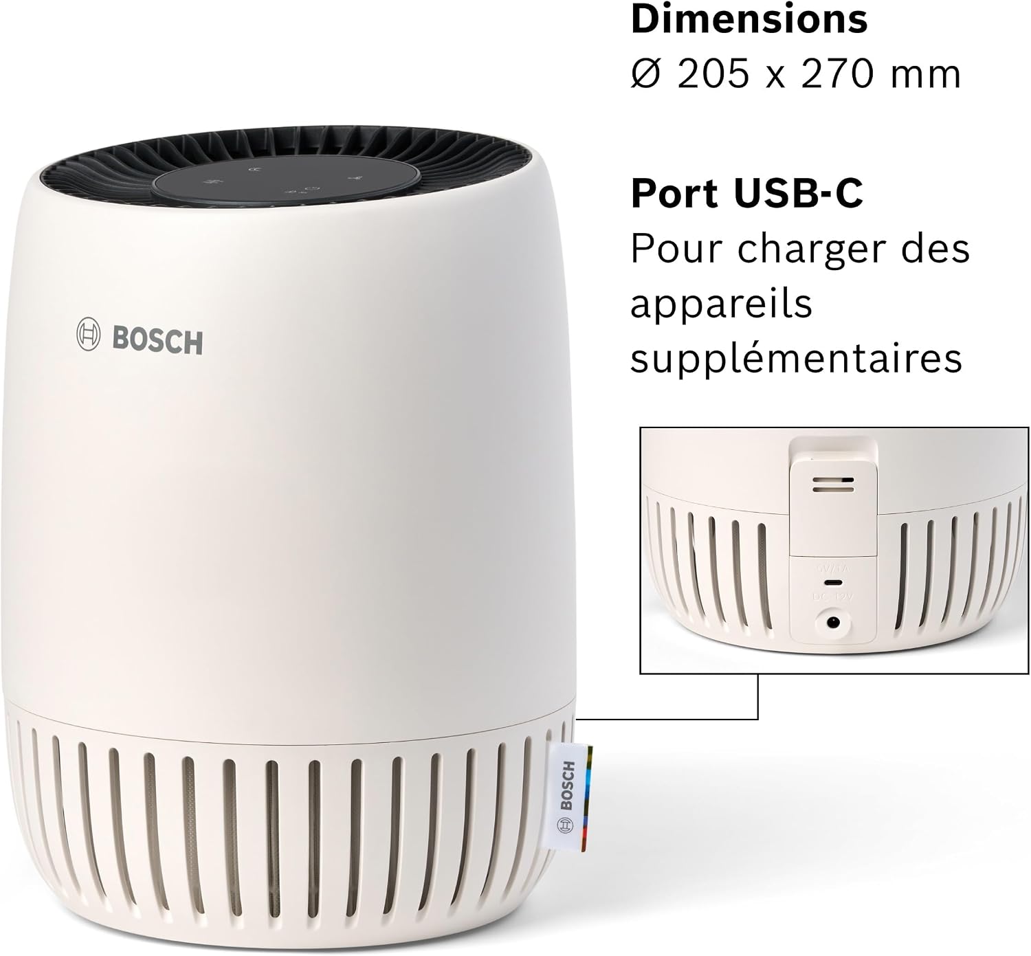  Bosch Air 500 Purificateur D'air - Élimine Les Polluants, Avec Un Filtre à Air Et Un Mode Sommeil (< 25 DB(A)) - Pour Jusqu'à 23 M² - Avec Port De Charge USB-C - CADR : 100 M³/h