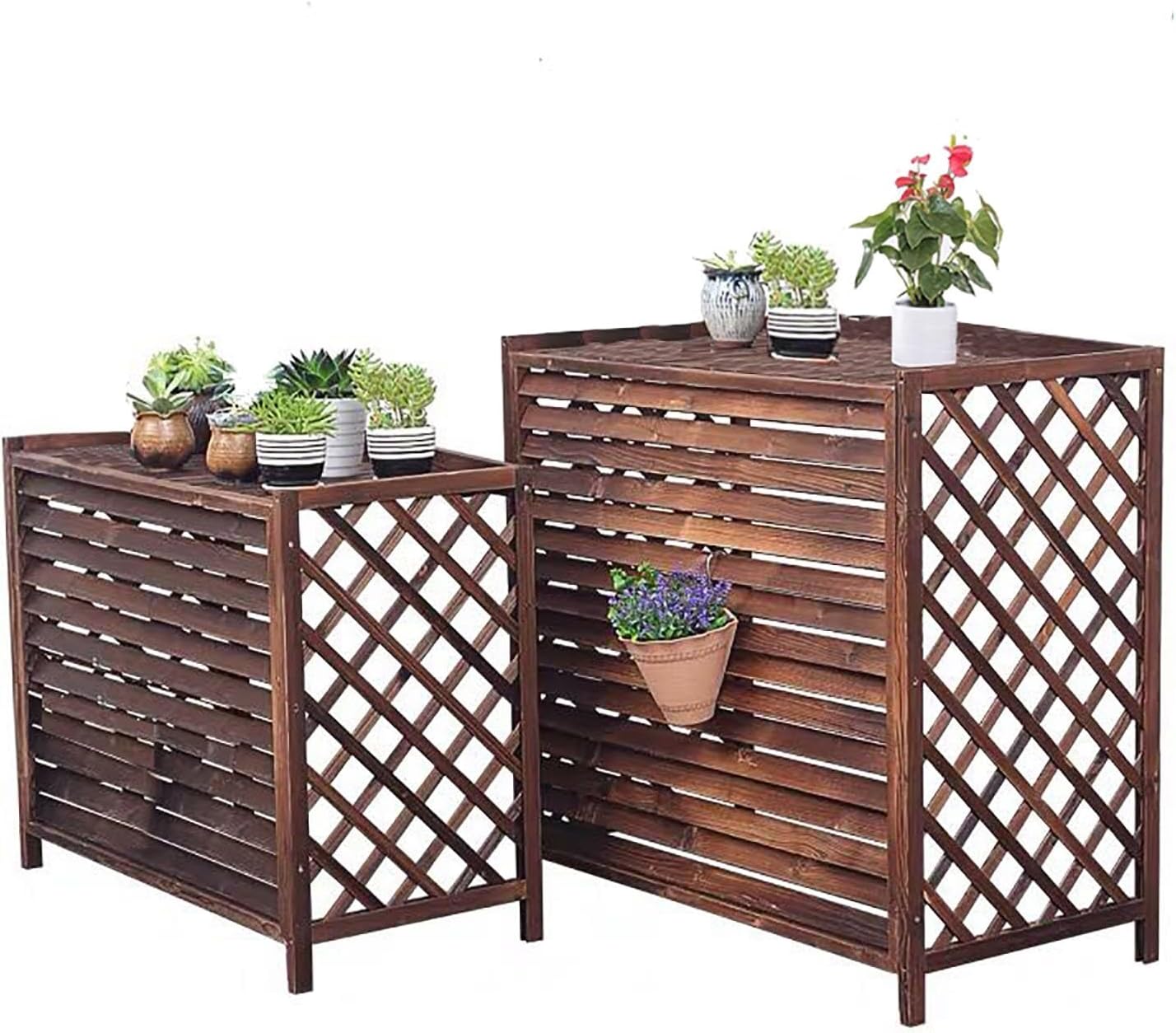  Étagère à Plantes De Balcon De Jardin Dissimulée Par Condenseur, Clôture De Climatiseur, Enceinte De Poubelle Extérieure, Couvercles De Climatiseur Pour Unités Extérieures, Grille En Bois Massif