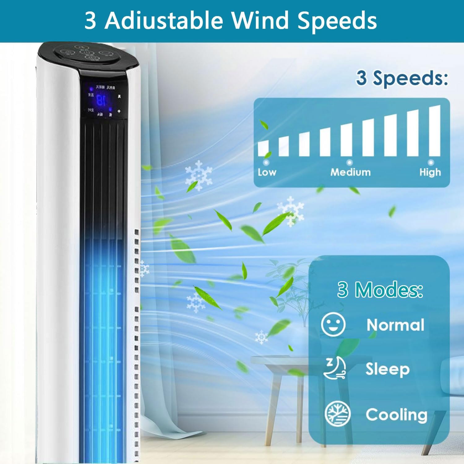 GENERIC Ventilateur De Tour Silencieuse, Circulateur D'air Sans Lame à 3 Vitesses Avec 60 Oscillations, Minuterie 12H, Affichage LED, Refroidisseur électrique Portable Pour Bureau De Chambre, Conception D'éco