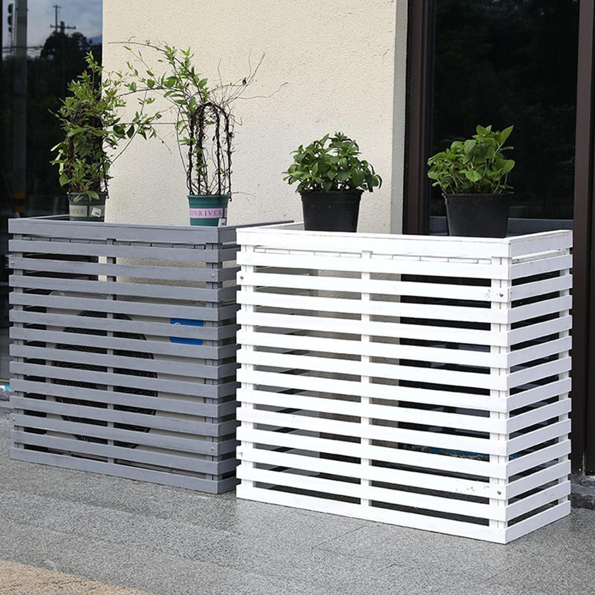 GENERIC Housse De Protection Pour Climatiseur D'extérieur En Bois Massif Avec Persiennes Et Support De Fleurs, Protection Contre Les Intempéries Pour Unités Extérieures, Taille C-85 X 35 X 80 Cm