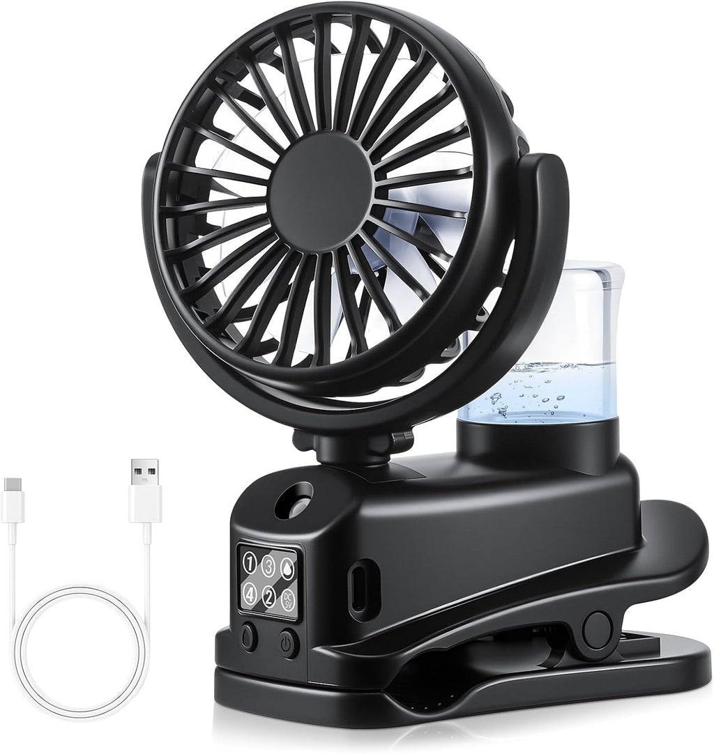  JIZZU Ventilateur à Pince, Mini Ventilateur Rechargeable Par USB Avec Spray Humidificateur, à 4 Vitesses Avec Clip, Affichage LED, Small Table Fan Pour Bureau, Maison, Camping - Blanc