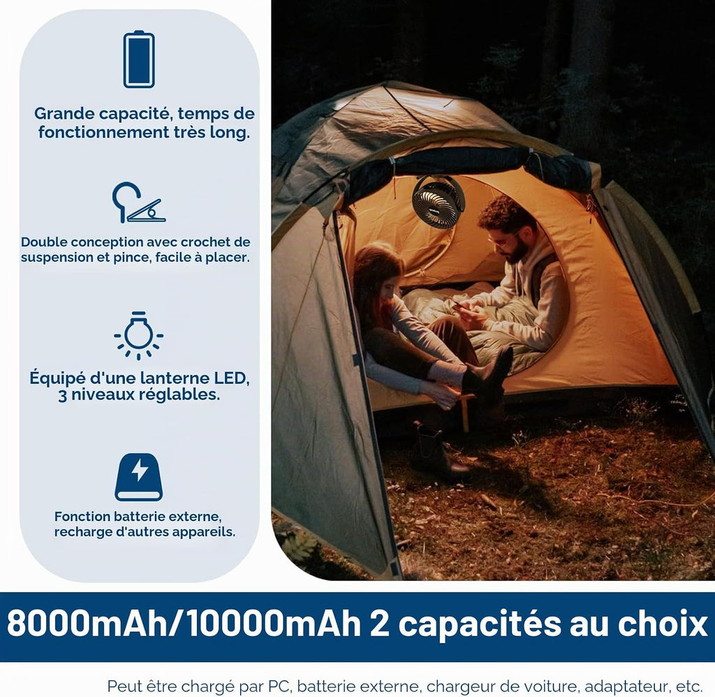  Simpeak 8000 MAh Ventilateur USB Avec Télécommande Mini Ventilateur Portable De Camping Ventilateur De Table Pince Avec 3 Vitesses| 3 Modes De Lumière LED| Rotation à 720°