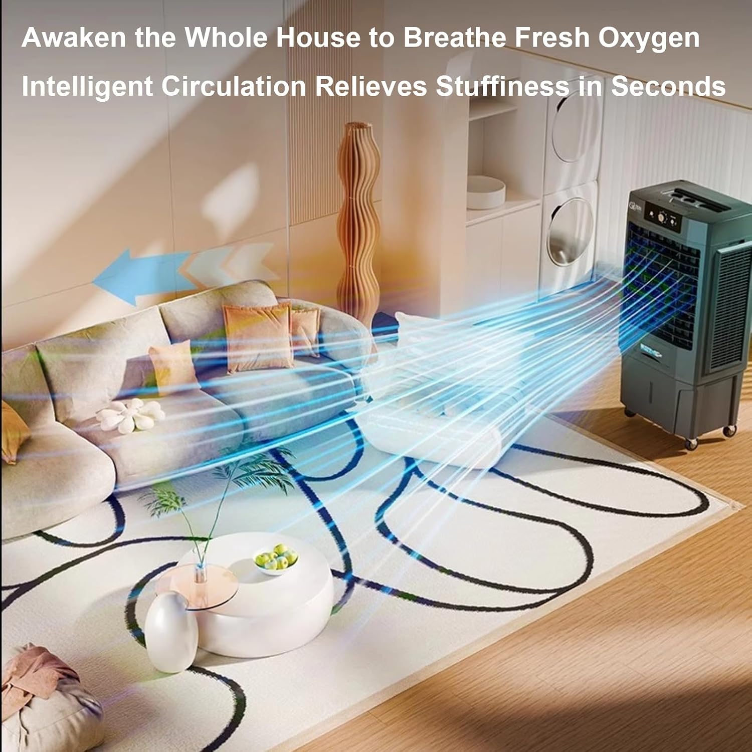  Clim Portative De 110 Cm, Climatiseur Mobile Sans Évacuation Avec Réservoir D'eau De 50 L, Climatiseur Extérieur Avec 4 Packs De Glace, RafraîChisseur D'air Avec Oscillation à 120° Et 3 Vitesses