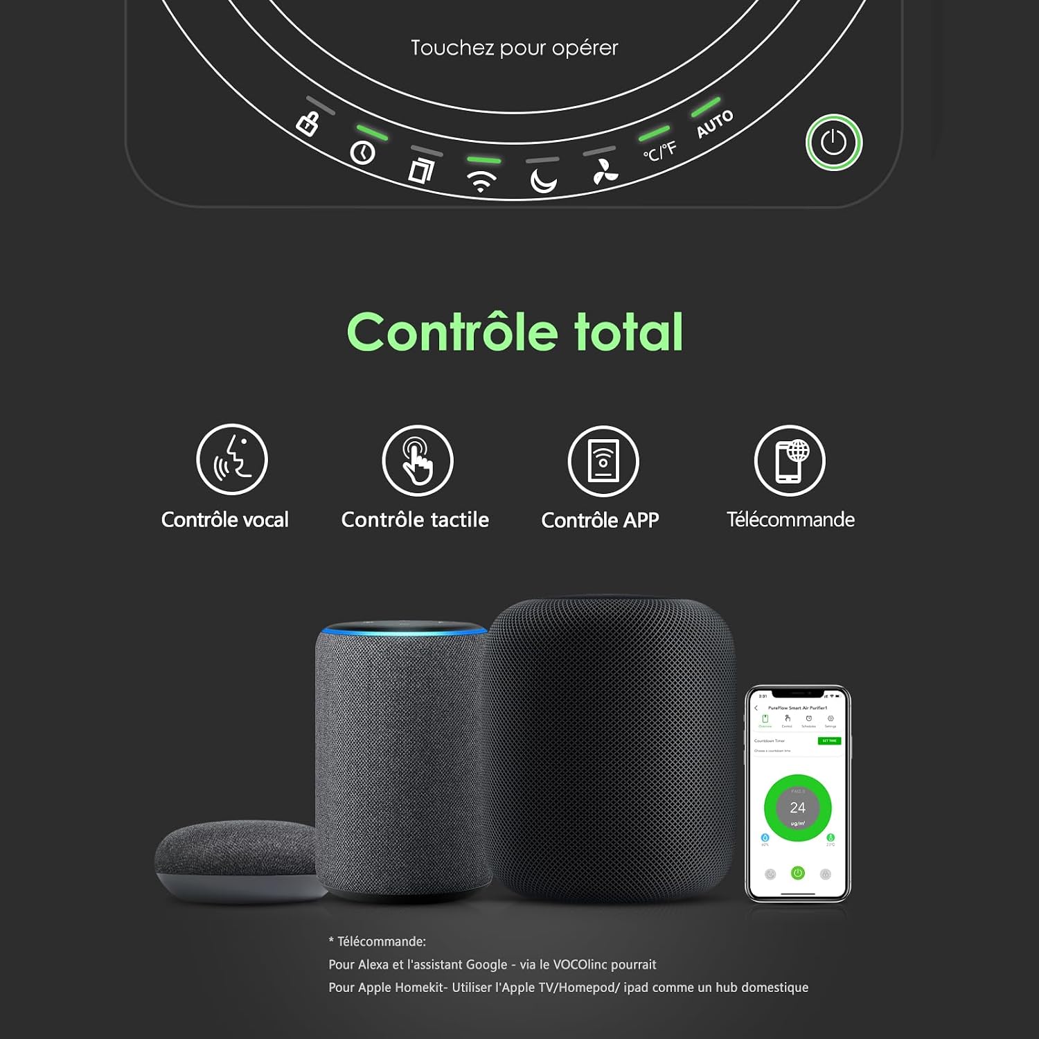  VOCOlinc Purificateur D'air HEPA 645 Pieds Carrés, Nettoyeur WiFi Intelligent, Filtration En 3 étapes, Fonctionne Avec Apple HomeKit Alexa Google Pour Le Bureau à Domicile 295 CFM