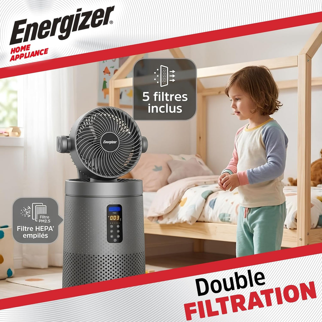  Energizer Ventilateur Colonne Purificateur D'Air Silencieux 35 DB, 368 M³/h, Oscillation 90°, 72 Cm, 4 Vitesses, Filtre HEPA Nettoyable, Pour Chambre Et Salon, Gris