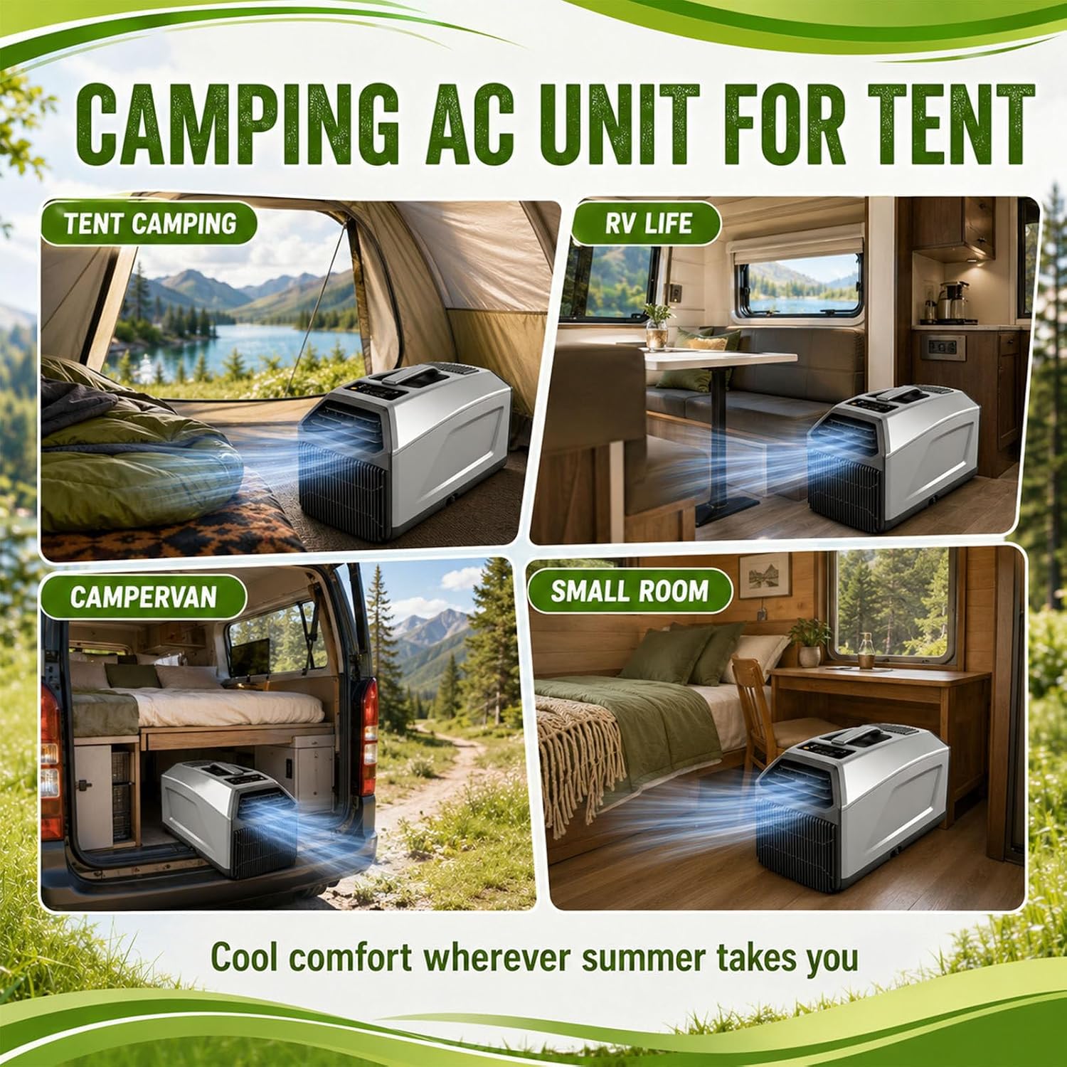 Unité De Climatisation Portable 5100 BTU Pour Tente De Camping-Car, Ventilateur De Déshumidification De Refroidissement 3 En 1, Tuyau Double Auto-évaporation, Mode De Sommeil Silencieux, Télécommande