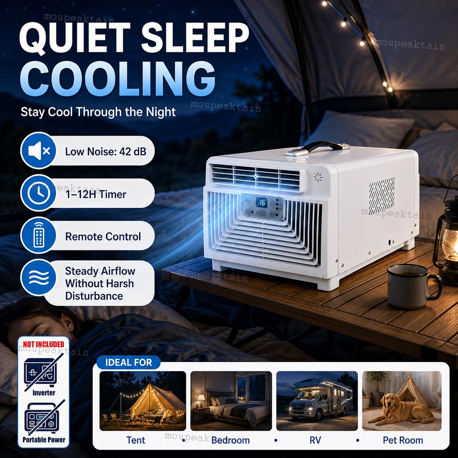  Climatiseur De Tente 220V, Climatiseur Portable 3400 BTU, 300W Unité De Camping Avec Télécommande, 1-12h Minuterie, Éhumidificateur Et Ventilateur, Pour Tente, RV, Camion, Dortoir, Cabine