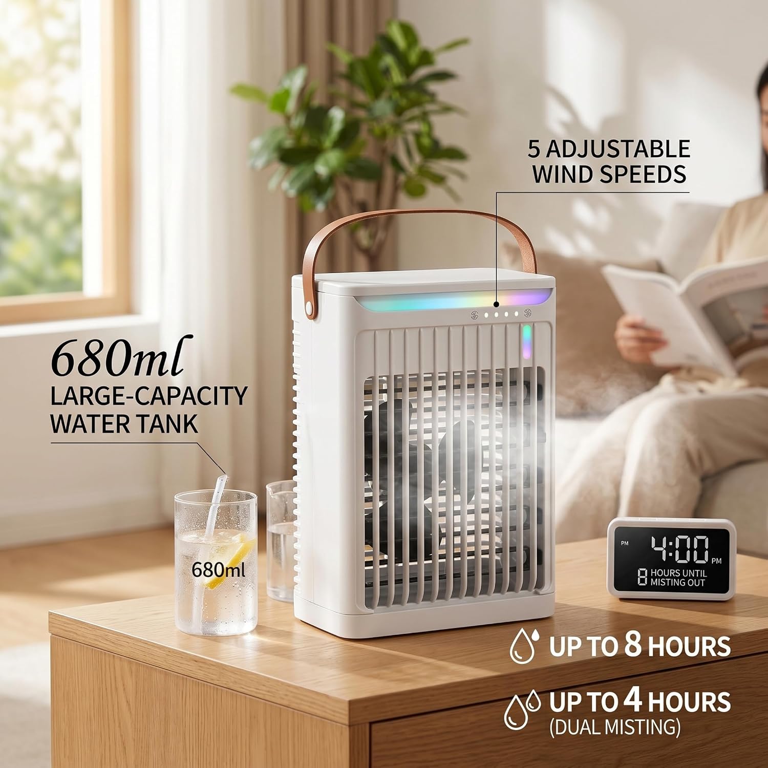 Climatiseur Portable, Mini Ventilateur De Climatiseur Avec 5 Vitesses, Réservoir De 680 Ml, Ventilateur Alimenté Par USB Pour La Maison, Le Bureau, Le Dortoir, Le Camping, Blanc