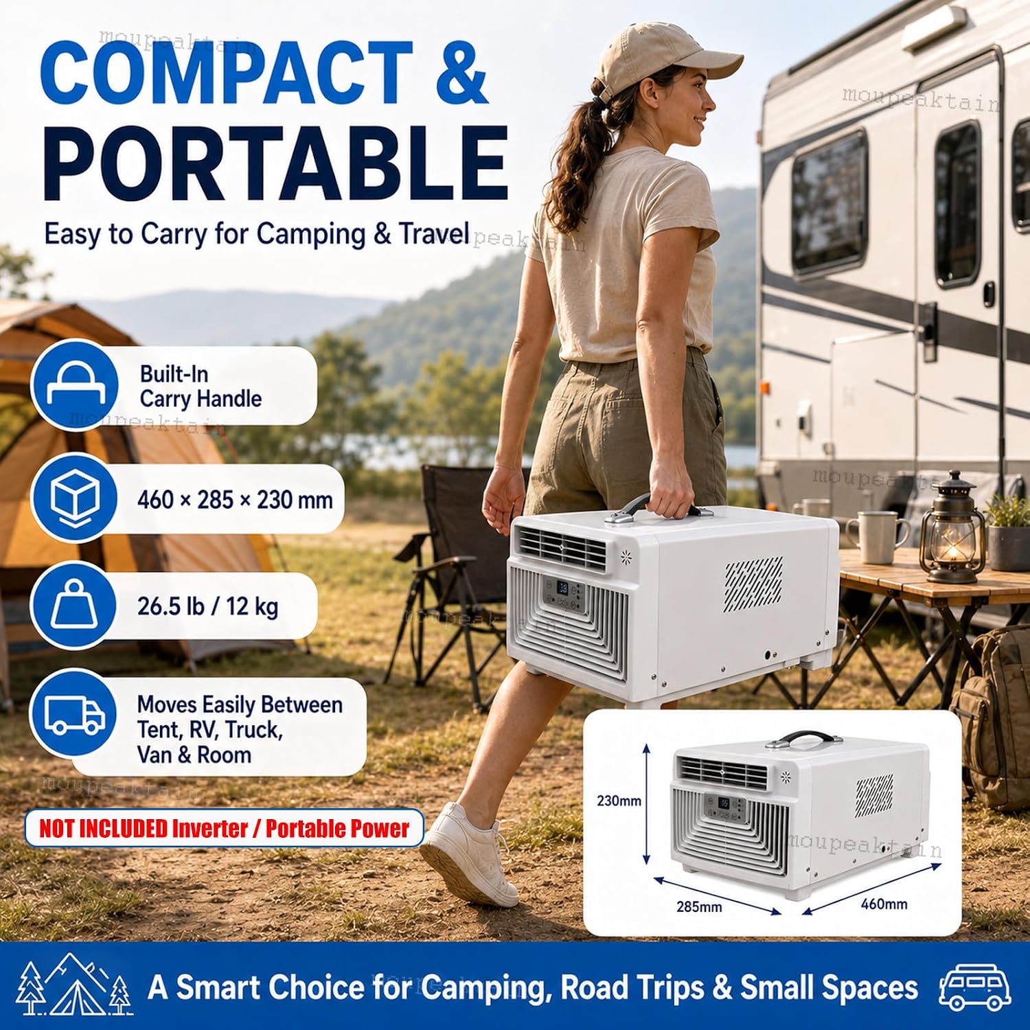  Climatiseur De Tente 220V, Climatiseur Portable 3400 BTU, 300W Unité De Camping Avec Télécommande, 1-12h Minuterie, Éhumidificateur Et Ventilateur, Pour Tente, RV, Camion, Dortoir, Cabine