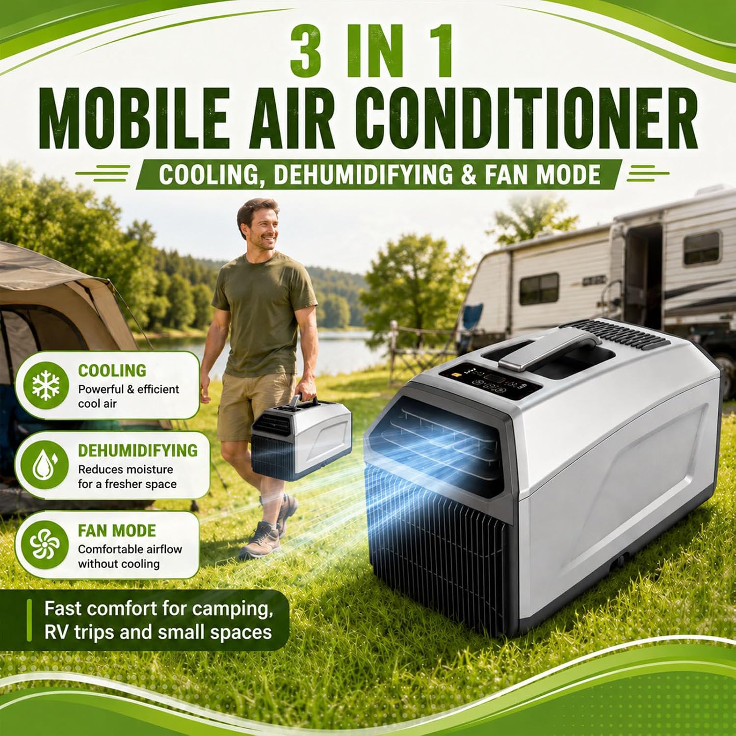  Unité De Climatisation Portable 5100 BTU Pour Tente De Camping-Car, Ventilateur De Déshumidification De Refroidissement 3 En 1, Tuyau Double Auto-évaporation, Mode De Sommeil Silencieux, Télécommande