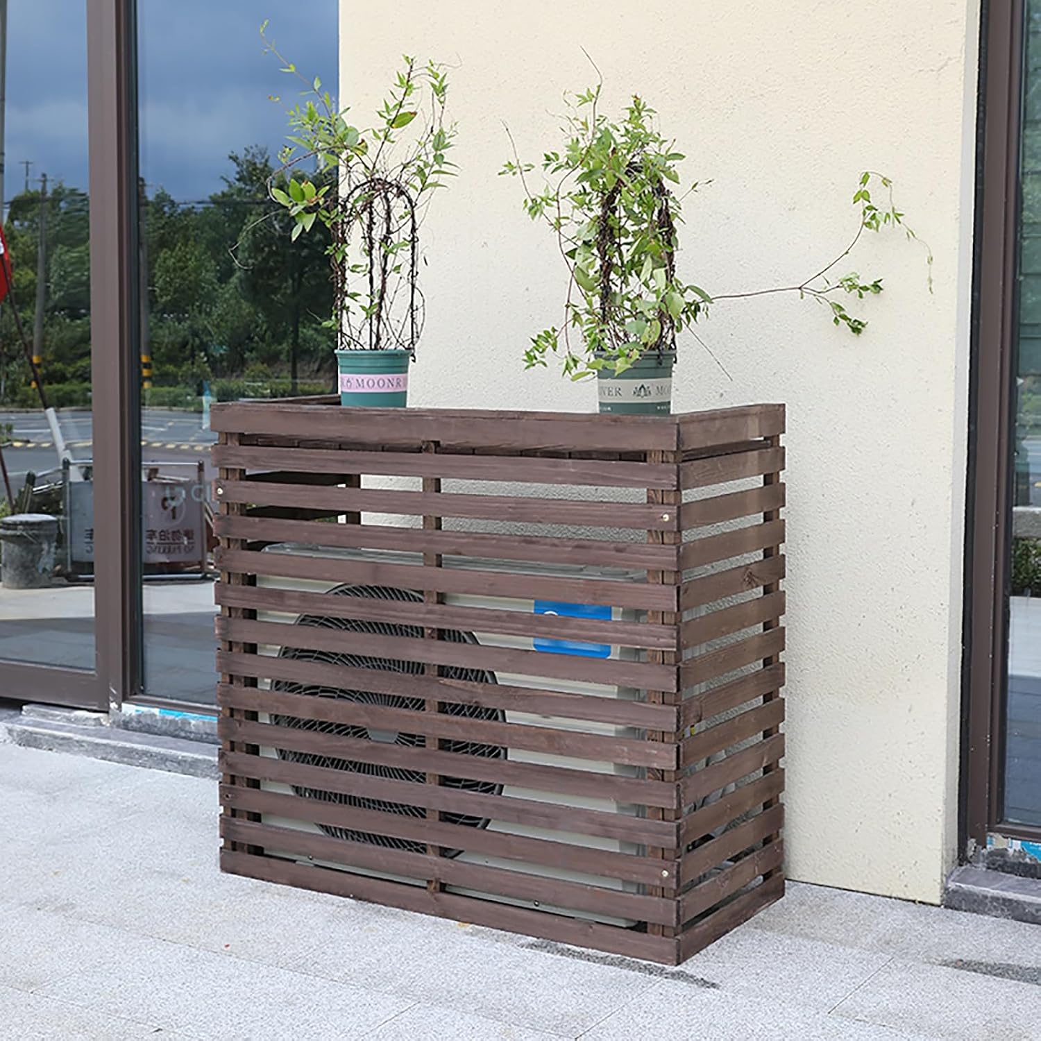  Housse En Bois Pour Climatiseur – Unité De Climatisation Extérieure Et Support De Fleurs – Bois Massif, Marron – Protection élégante Et Fonctionnelle Pour Unités Mobiles AC