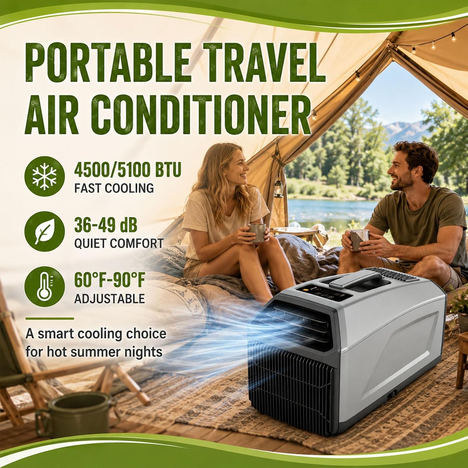  Unité De Climatisation Portable 5100 BTU Pour Tente De Camping-Car, Ventilateur De Déshumidification De Refroidissement 3 En 1, Tuyau Double Auto-évaporation, Mode De Sommeil Silencieux, Télécommande