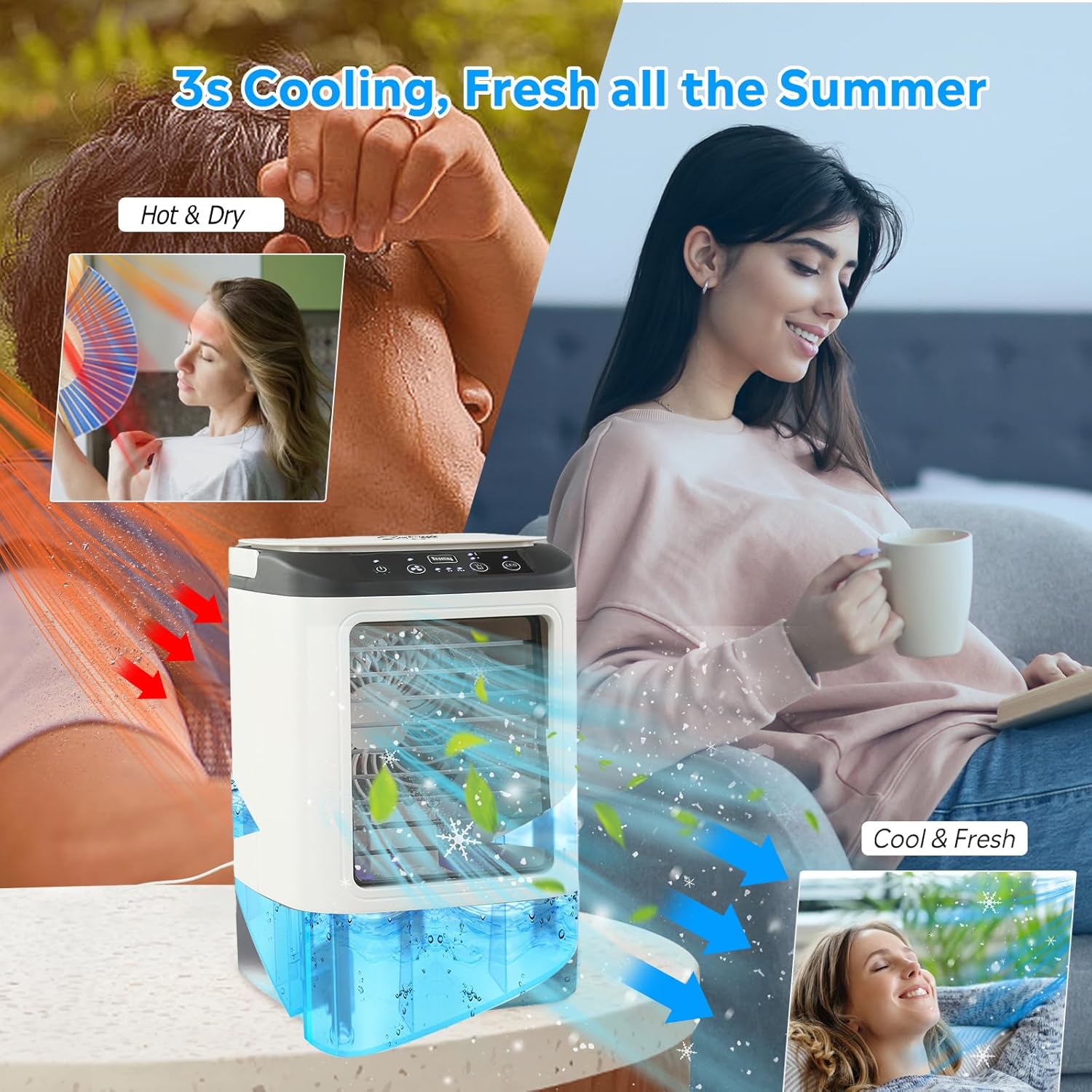  Climatiseurs Portables SMLEGFT Avec Grand Réservoir D'eau De 900 Ml Et Boîte à Glace, Double Pulvérisation Et Lumière 7 Couleurs, Mode Grossissement 3 Vitesses, Refroidisseur D'air