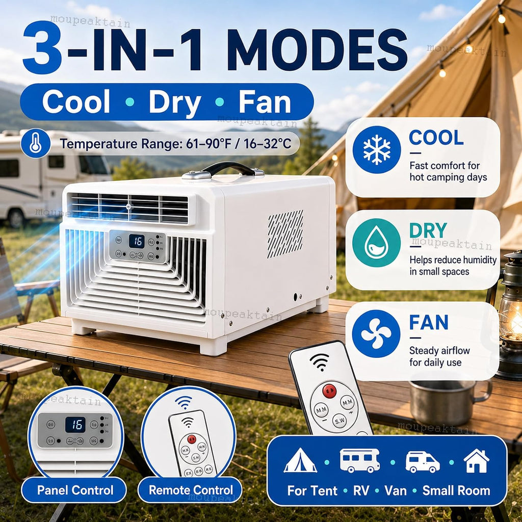  Climatiseur De Tente 220V, Climatiseur Portable 3400 BTU, 300W Unité De Camping Avec Télécommande, 1-12h Minuterie, Éhumidificateur Et Ventilateur, Pour Tente, RV, Camion, Dortoir, Cabine