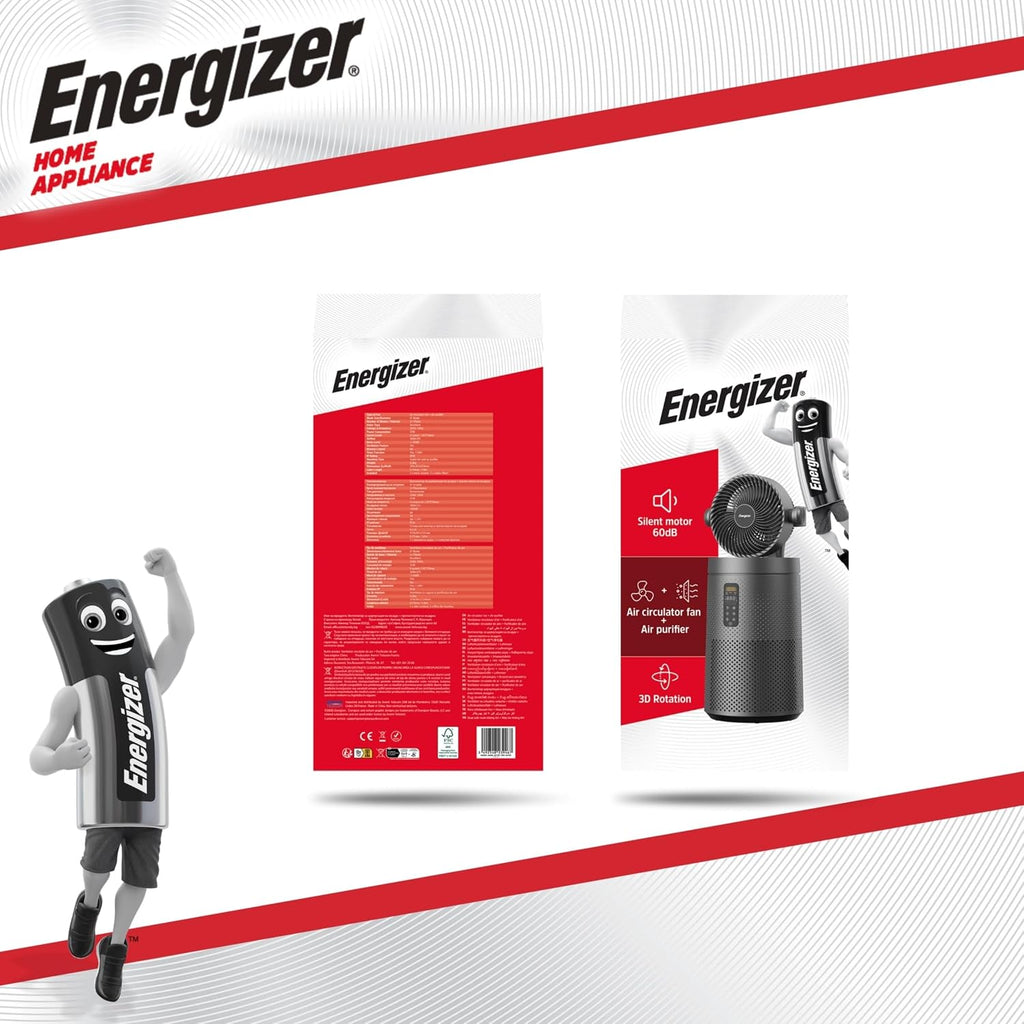  Energizer Ventilateur Colonne Purificateur D'Air Silencieux 35 DB, 368 M³/h, Oscillation 90°, 72 Cm, 4 Vitesses, Filtre HEPA Nettoyable, Pour Chambre Et Salon, Gris