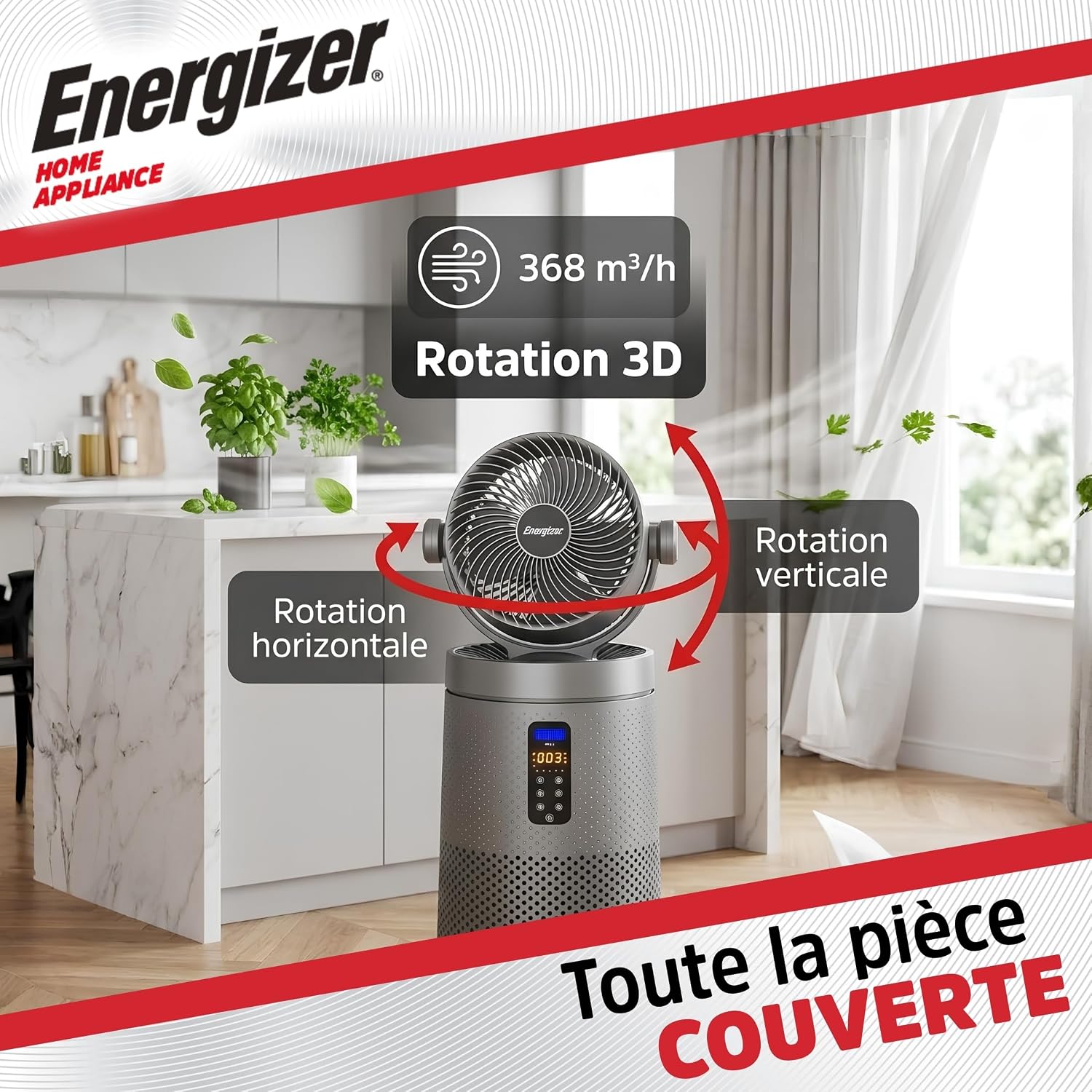  Energizer Ventilateur Colonne Purificateur D'Air Silencieux 35 DB, 368 M³/h, Oscillation 90°, 72 Cm, 4 Vitesses, Filtre HEPA Nettoyable, Pour Chambre Et Salon, Gris